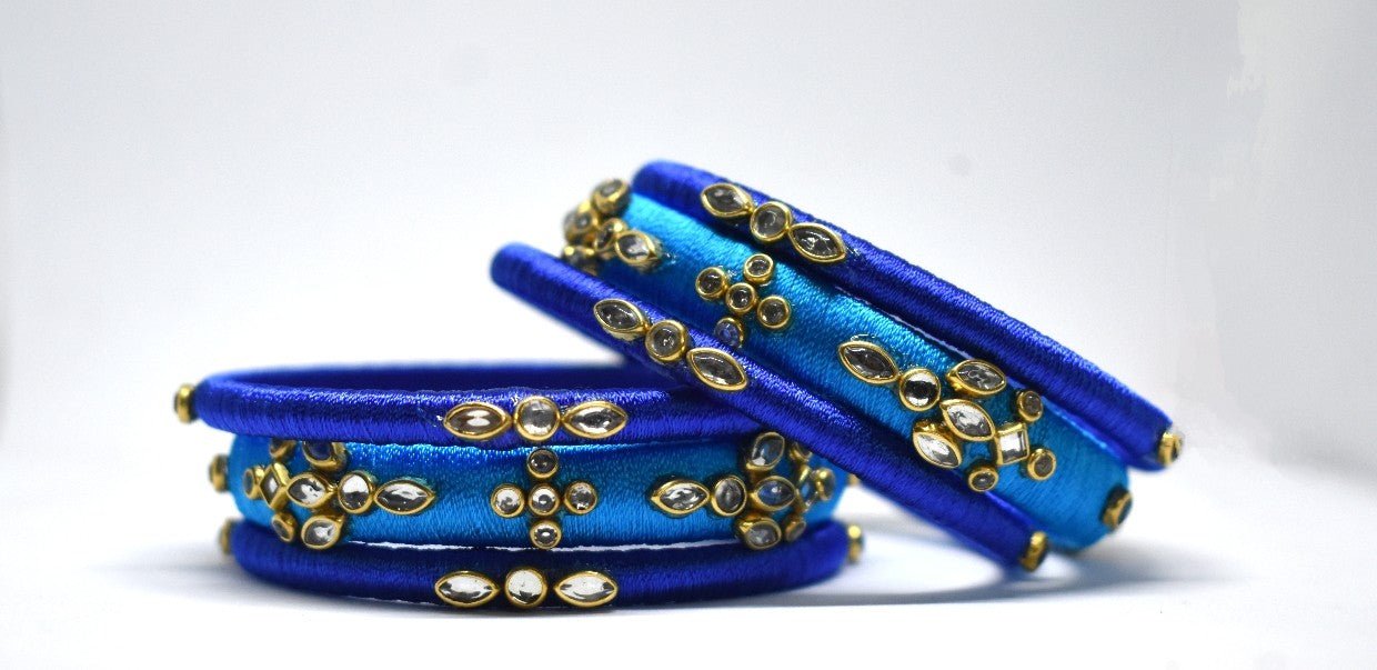 Silk thread bangles,dark blue & light blue,set of 6 - Nishkarsh the royal radiance