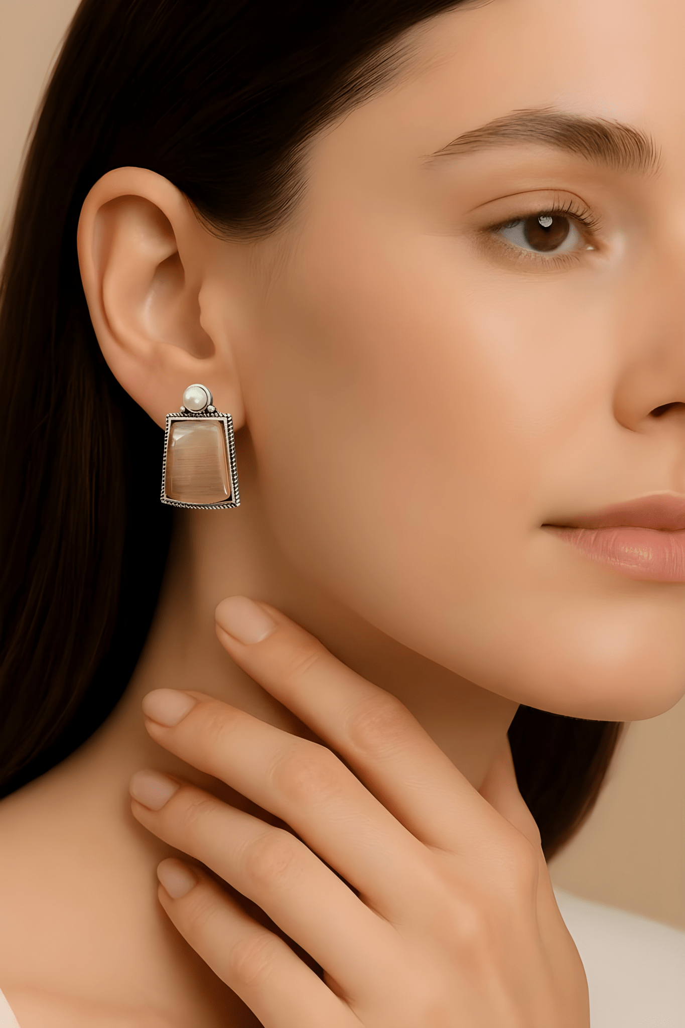 Monalisa Stone Oxidised Silver Replica Beige Colour Studs - Nishkarsh the royal radiance