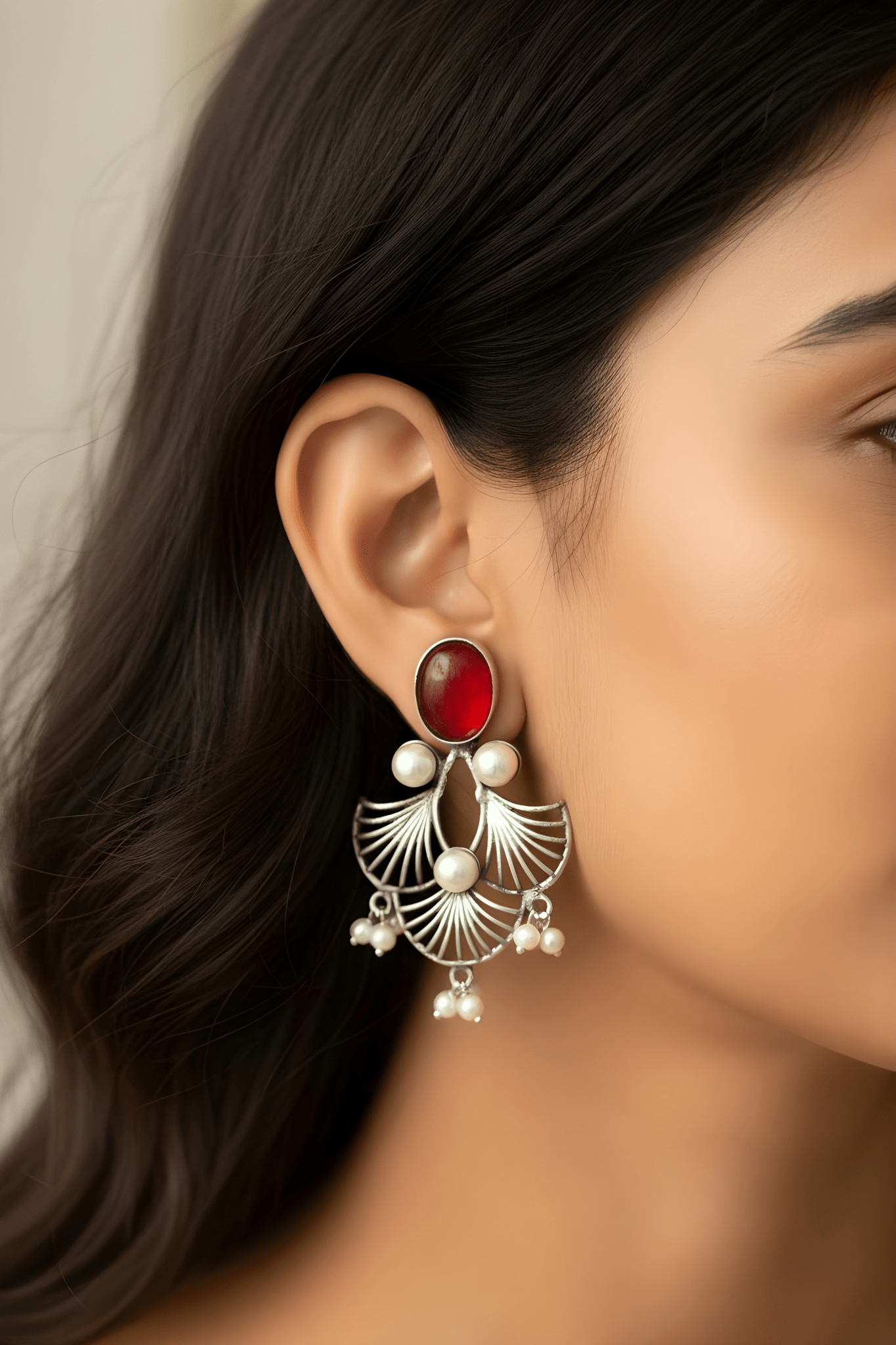 Monalisa Stone Oxidised Silver Replica Red Colour Studs - Nishkarsh the royal radiance