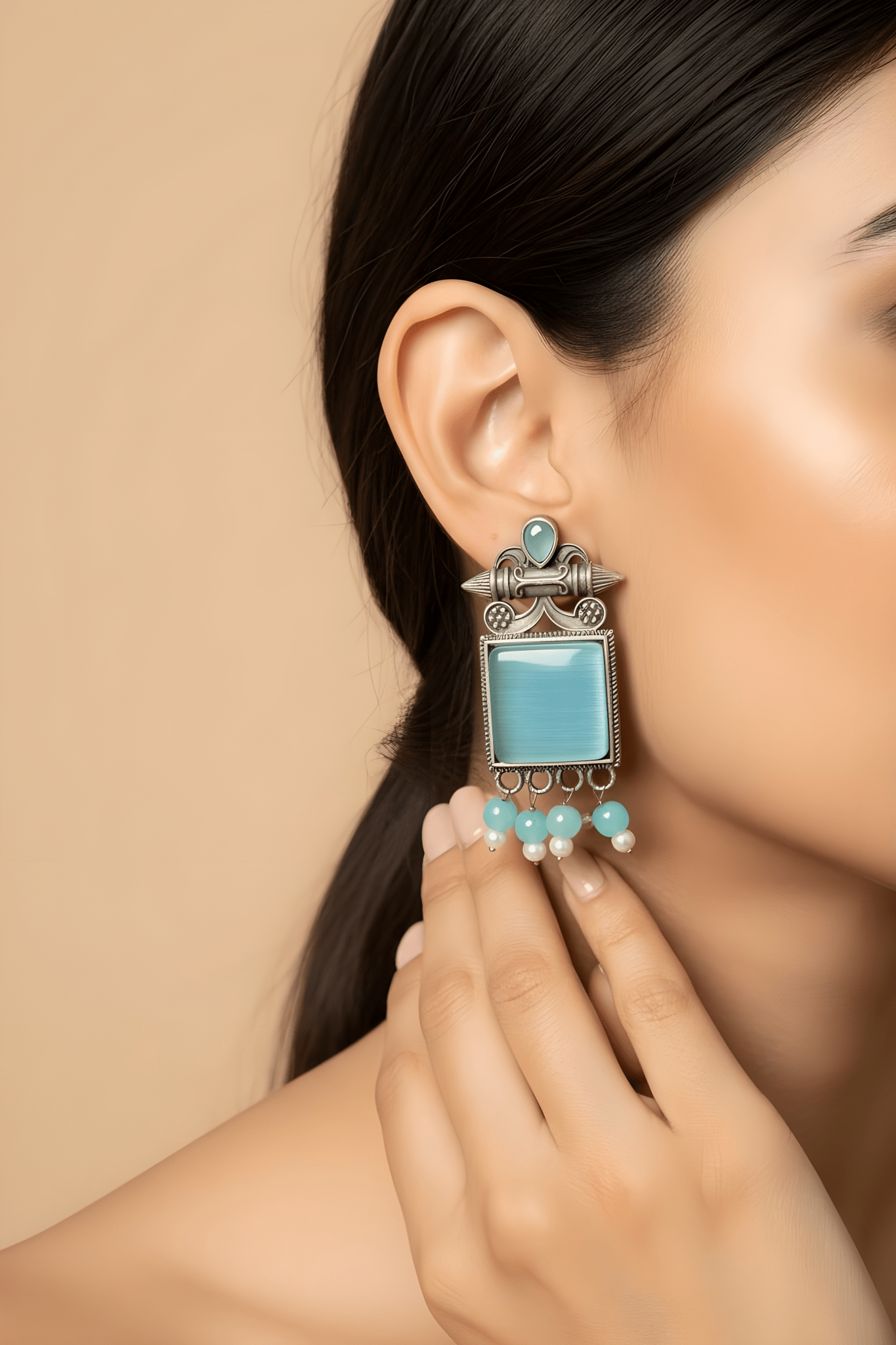 Monalisa Stone Oxidised Silver Replica Light Blue Colour Studs - Nishkarsh the royal radiance