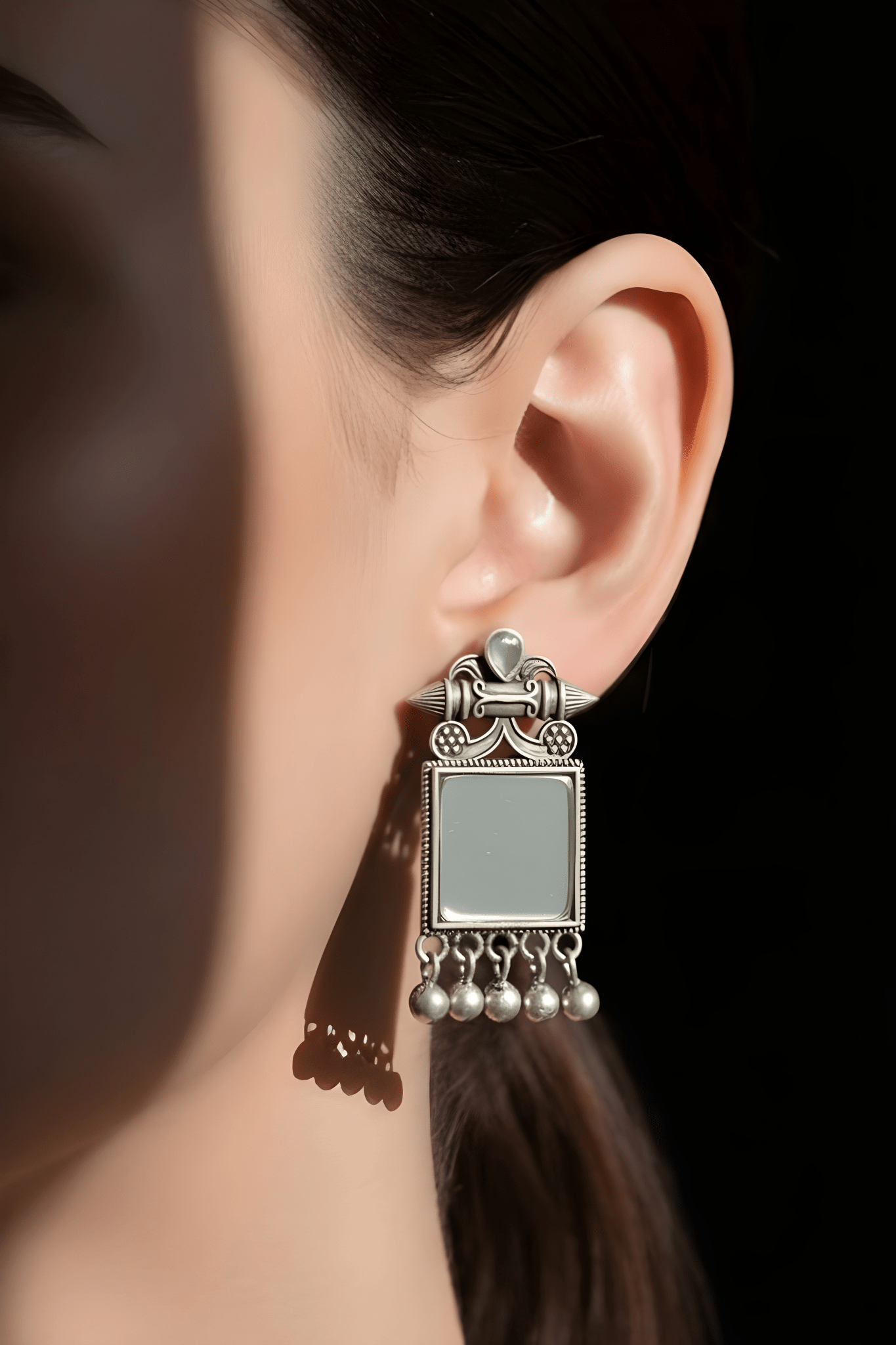 Monalisa Stone Oxidised Silver Replica Grey Colour Studs - Nishkarsh the royal radiance