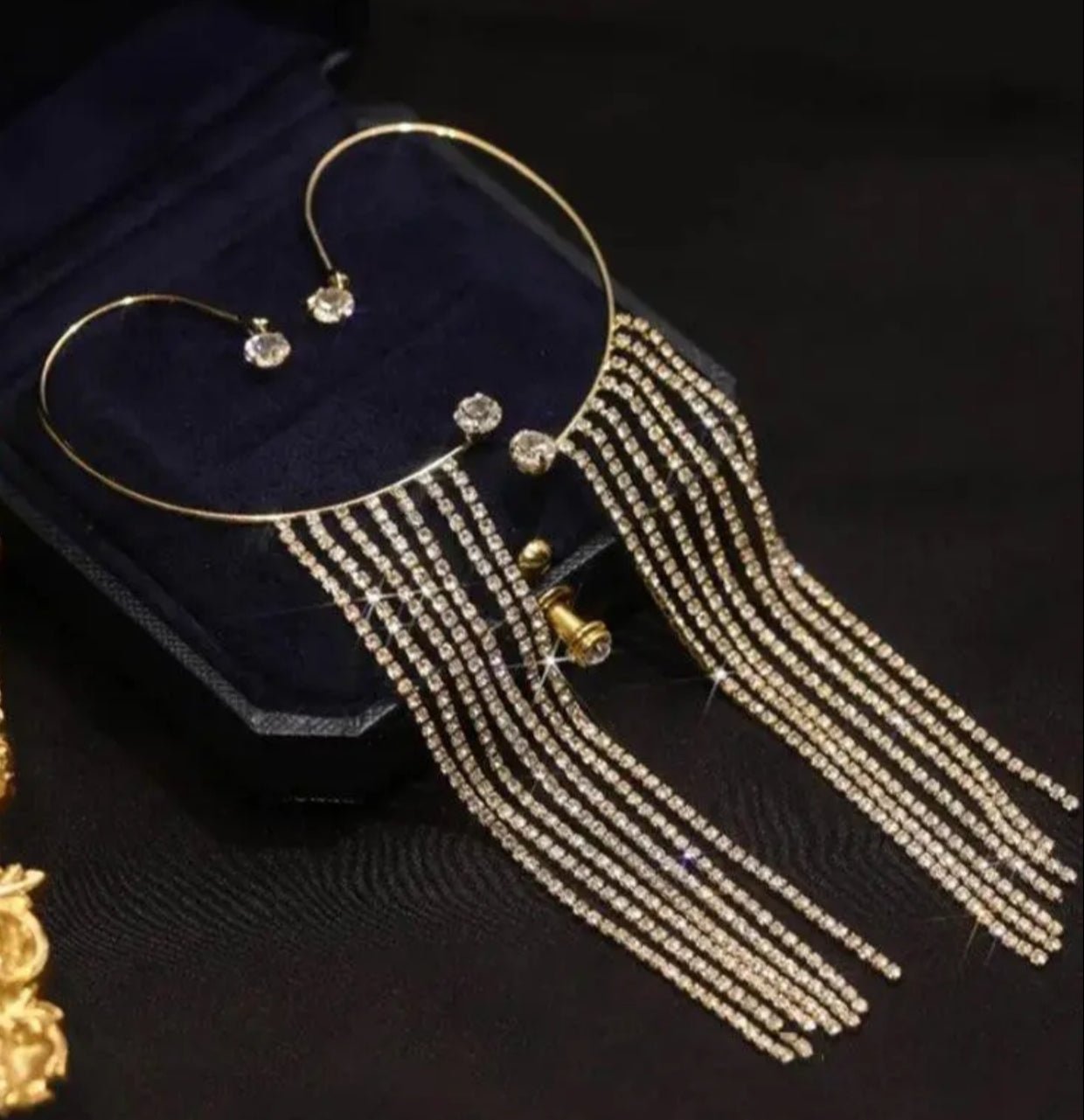 Long rhinestone chain C shaped cuff earrings - Nishkarsh the royal radiance