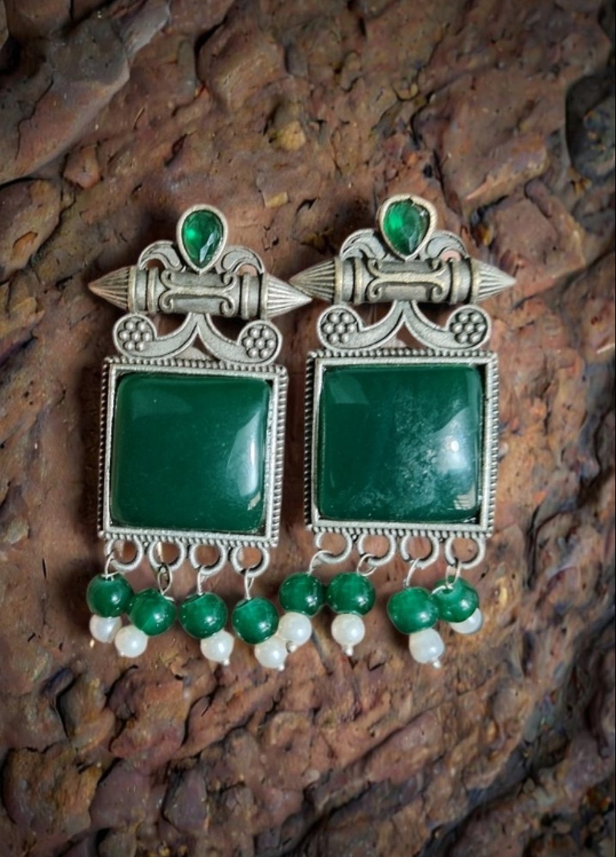 Monalisa Stone Oxidised Silver Replica Green Colour Studs - Nishkarsh the royal radiance