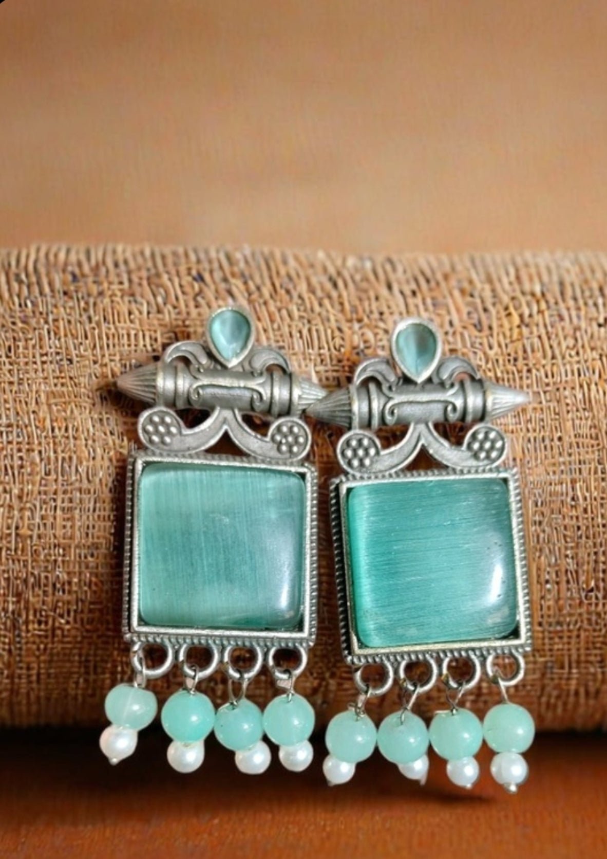 Monalisa Stone Oxidised Silver Replica Sea Green Colour Studs - Nishkarsh the royal radiance