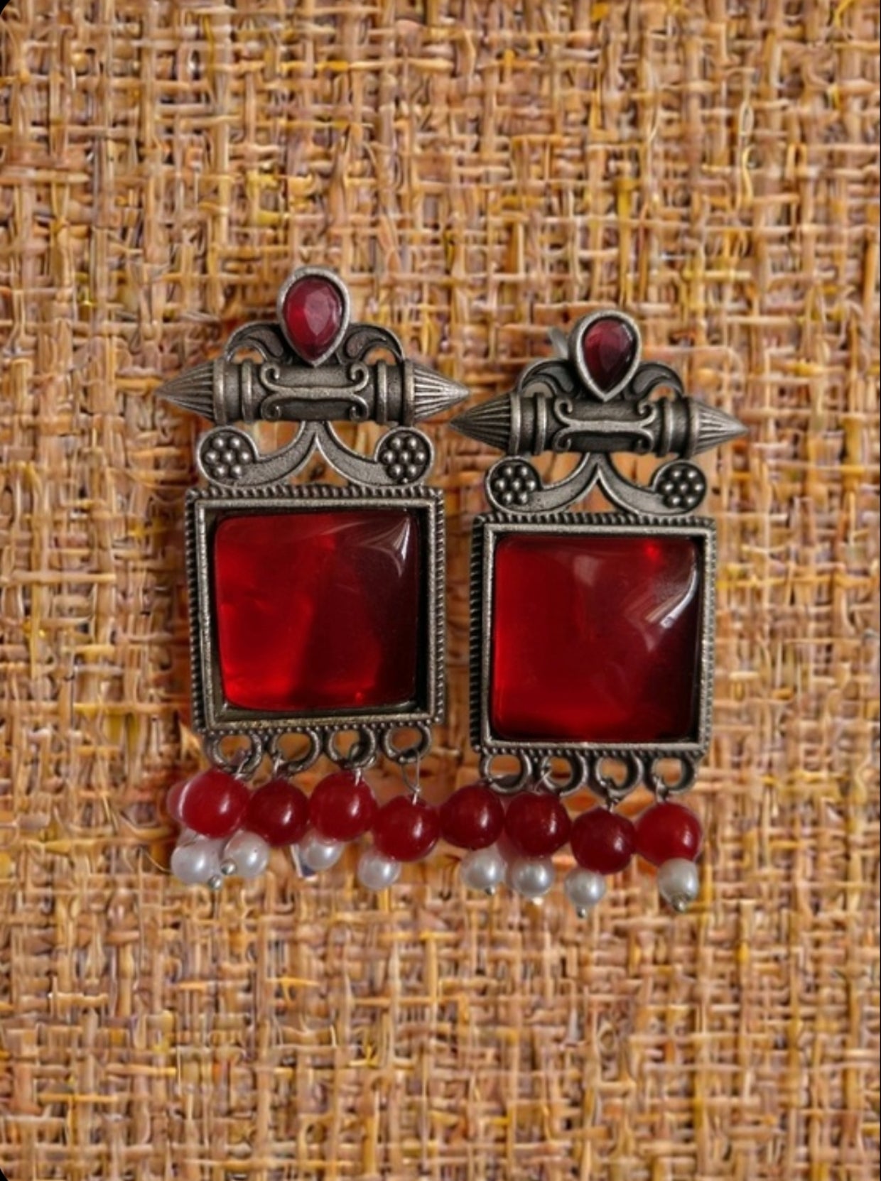 Monalisa Stone Oxidised Silver Replica Red Colour Studs - Nishkarsh the royal radiance