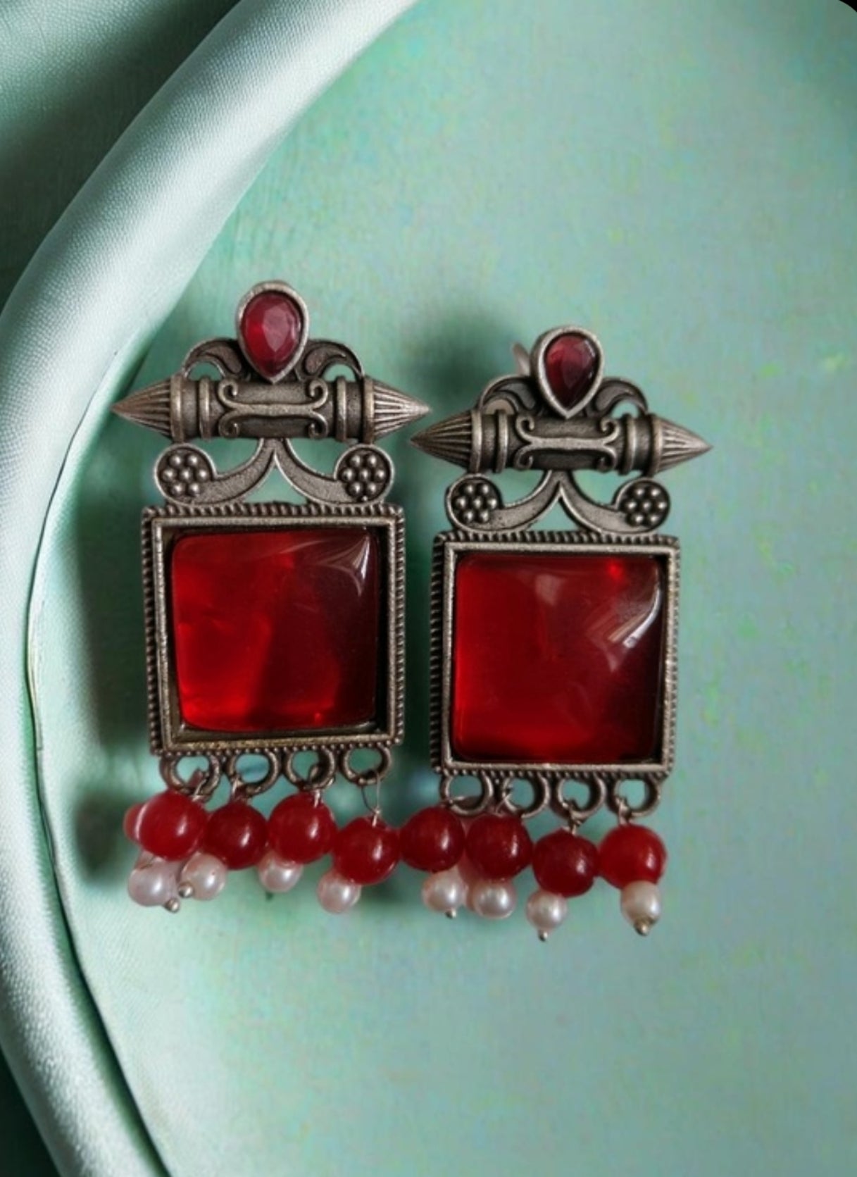 Monalisa Stone Oxidised Silver Replica Red Colour Studs - Nishkarsh the royal radiance