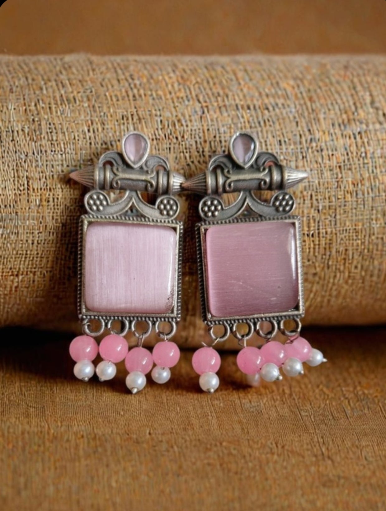 Monalisa Stone Oxidised Silver Replica Light Pink Colour Studs - Nishkarsh the royal radiance