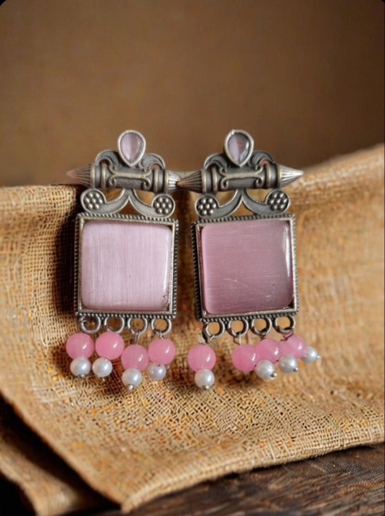 Monalisa Stone Oxidised Silver Replica Light Pink Colour Studs - Nishkarsh the royal radiance