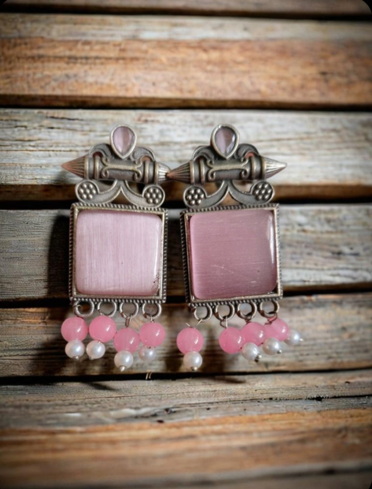 Monalisa Stone Oxidised Silver Replica Light Pink Colour Studs - Nishkarsh the royal radiance