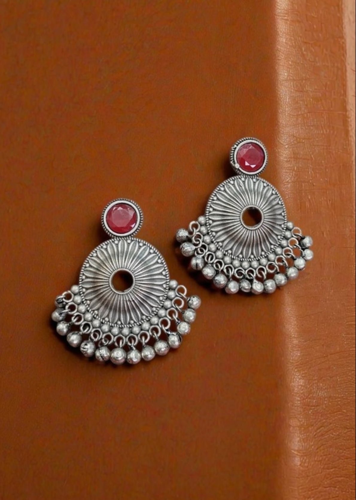 Monalisa Stone Oxidised Silver Replica Red Colour Studs - Nishkarsh the royal radiance