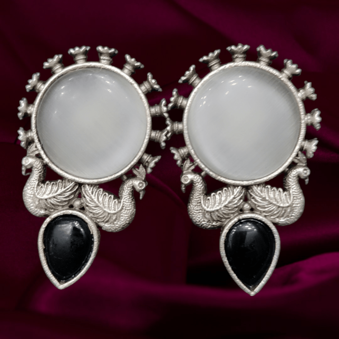 Oxidised silver peacock theme monalisa stone earrings - Nishkarsh the royal radiance