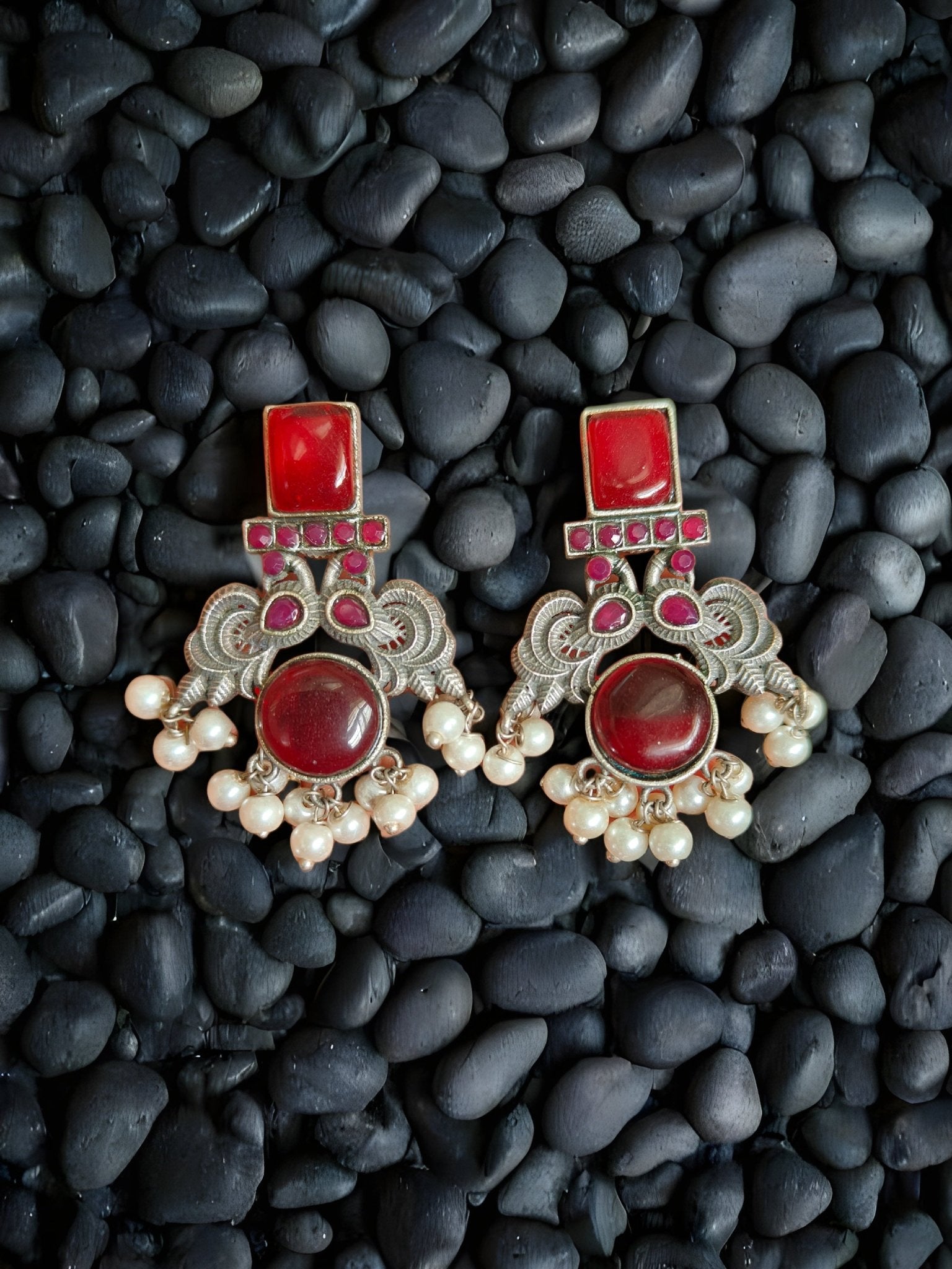 Monalisa Stone Oxidised Silver Replica Red Studs - Nishkarsh the royal radiance