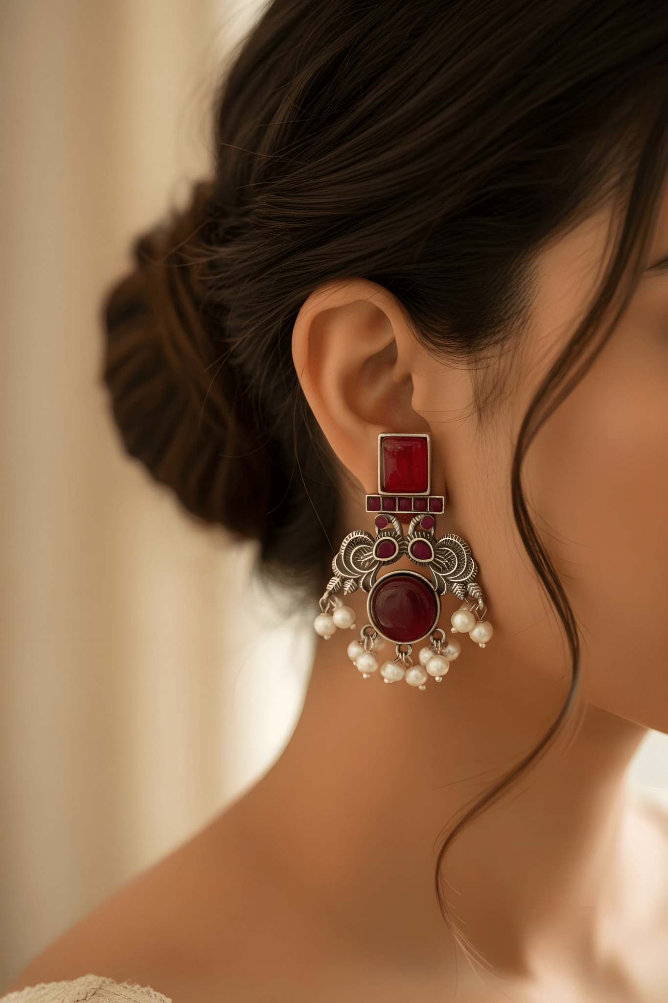 Monalisa Stone Oxidised Silver Replica Red Studs - Nishkarsh the royal radiance