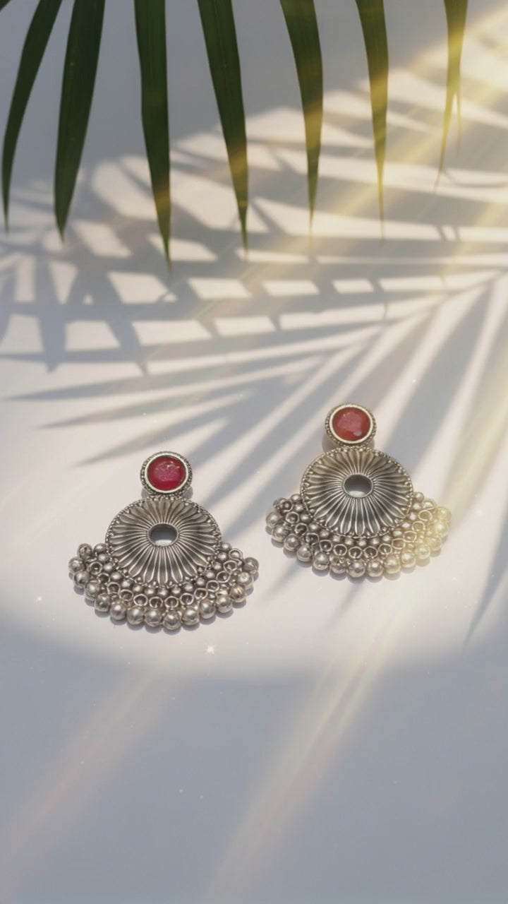 Monalisa Stone Oxidised Silver Replica Red Colour Studs