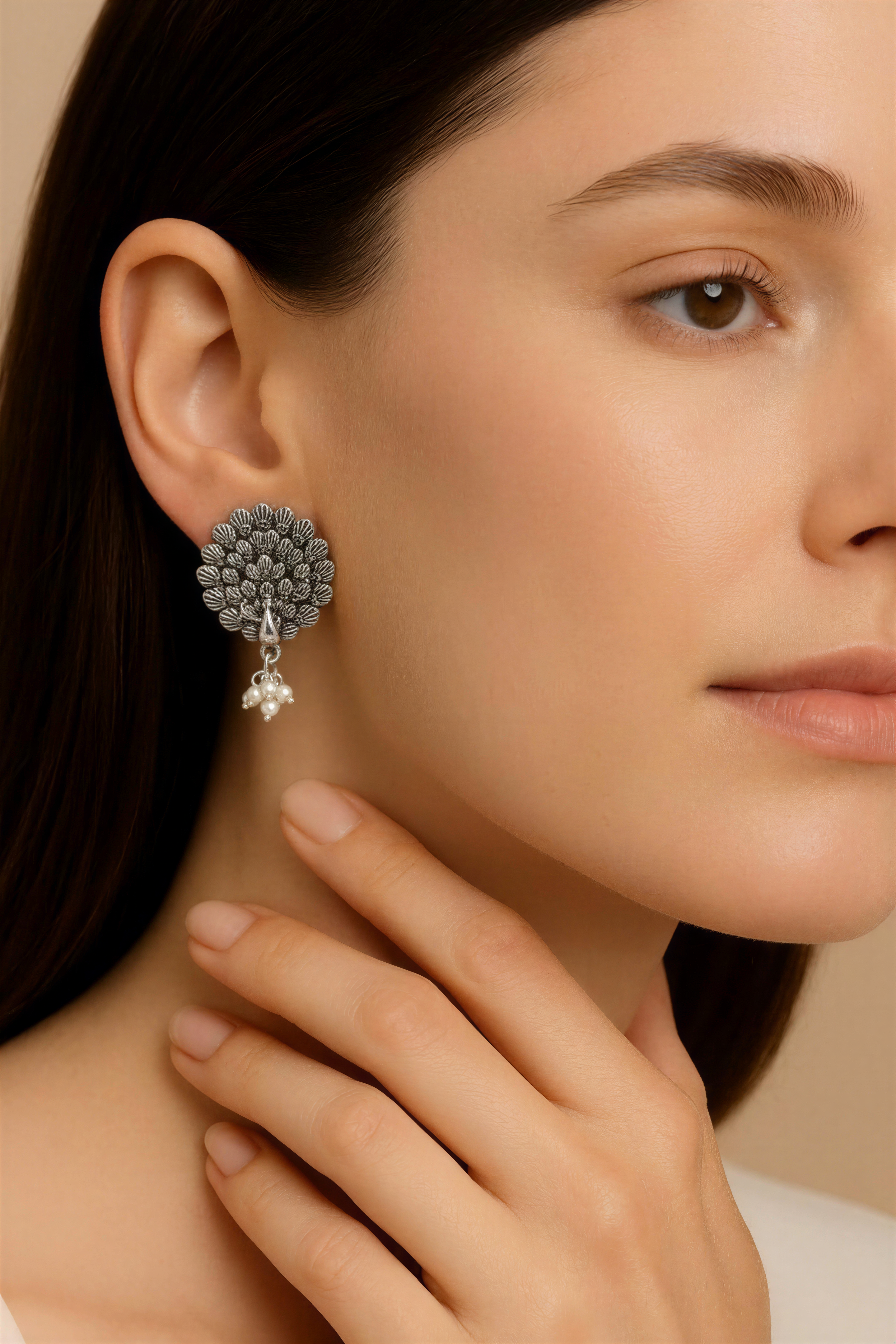 Oxidised silver peacock theme earrings