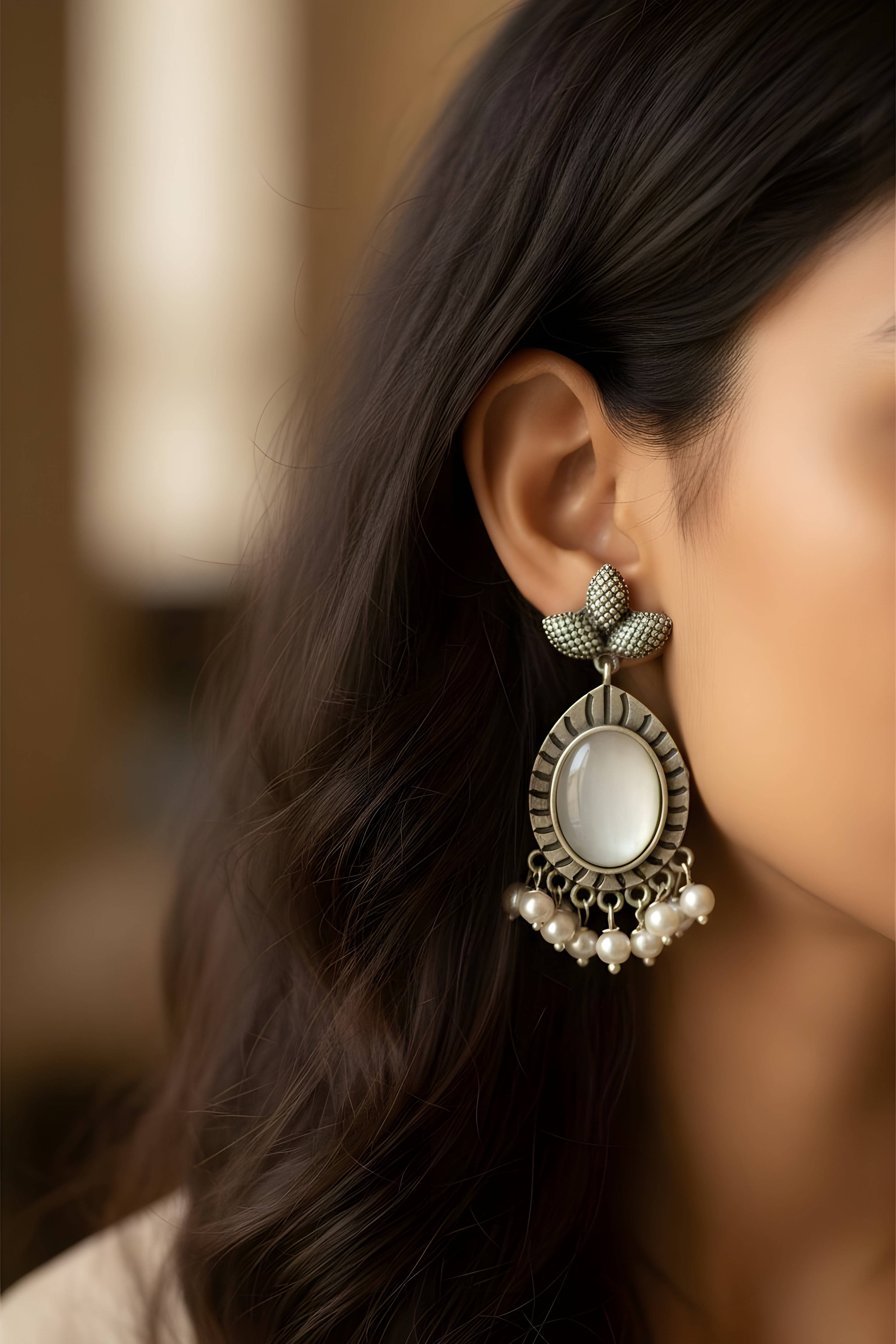 Monalisa Stone Oxidised Silver Replica Sea Green Dangler Earrings