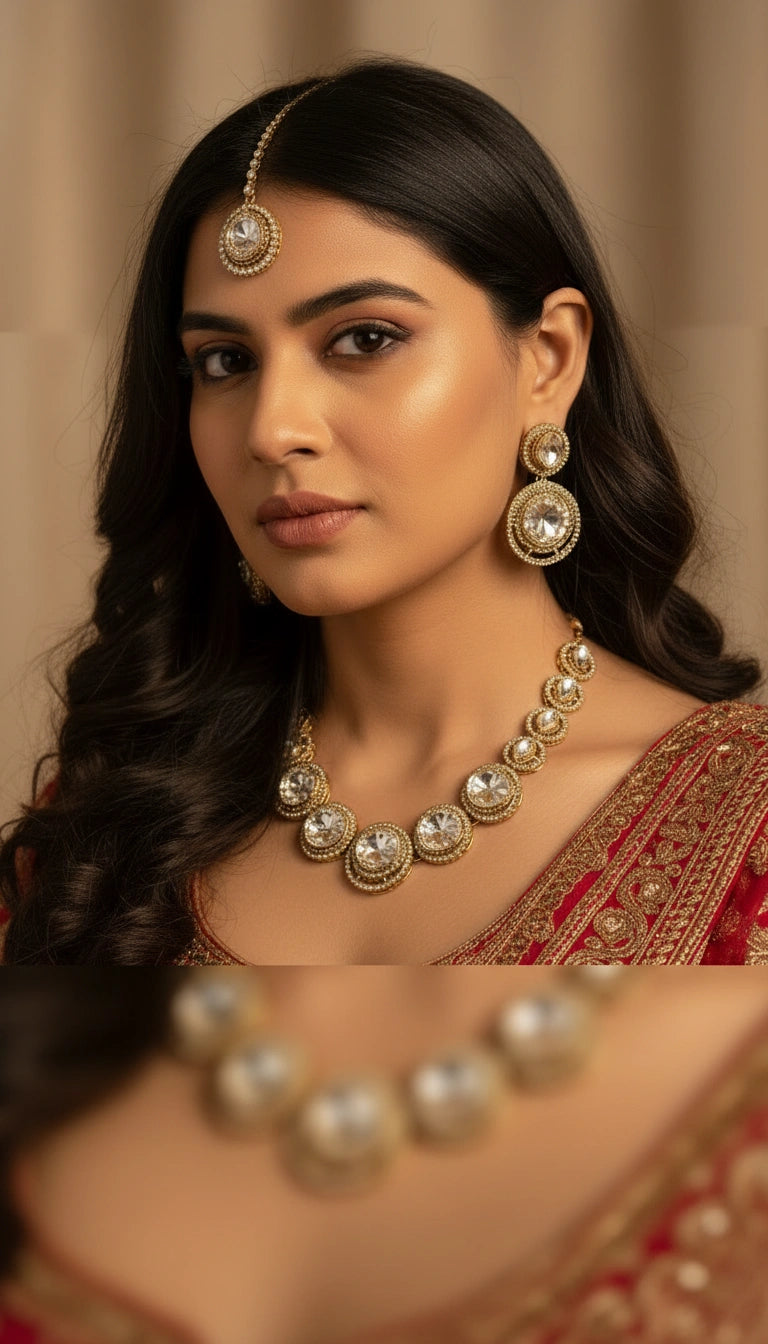 Kundan  Polki and AD Stones Necklace with White Stone Pendant