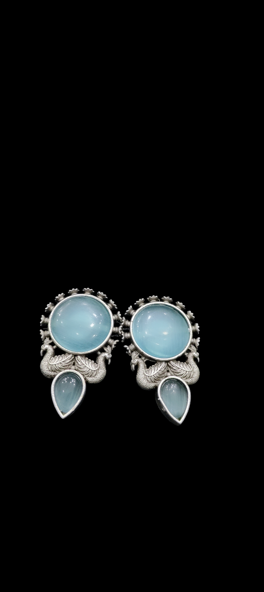 Oxidised silver peacock theme monalisa stone earrings - Nishkarsh the royal radiance
