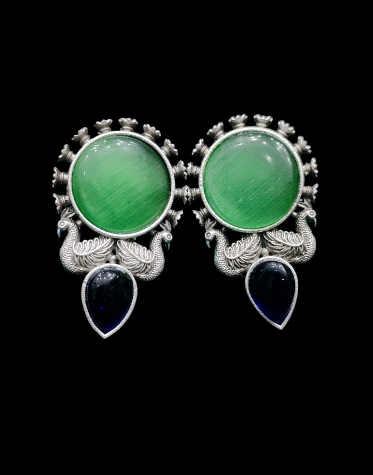 Oxidised silver peacock theme monalisa stone earrings - Nishkarsh the royal radiance