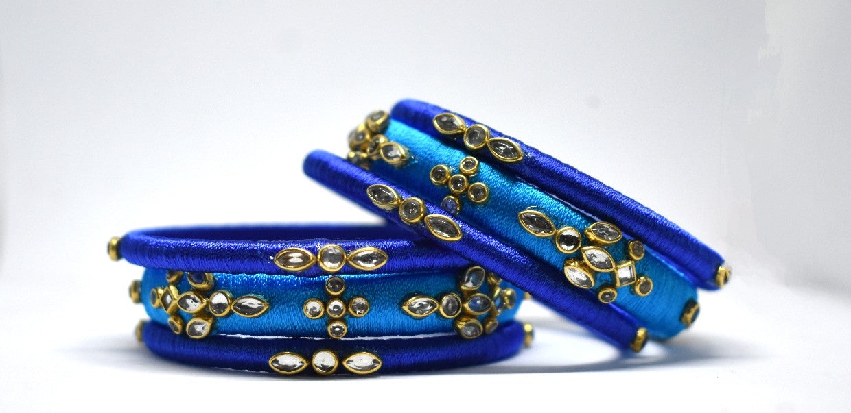 Silk thread bangles,dark blue & light blue,set of 6 - Nishkarsh the royal radiance