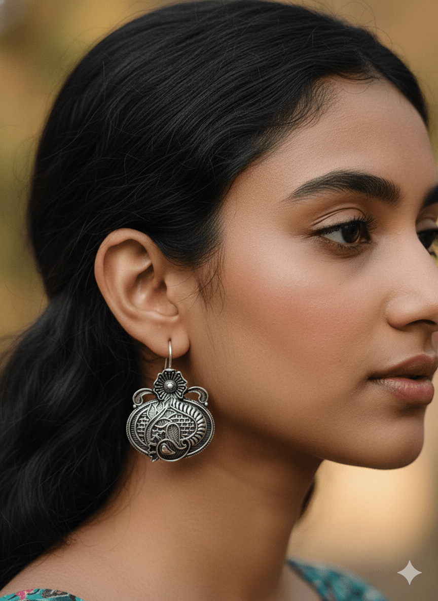 Oxidised Silver Floral And Paisley Detail Drop Earrings for Women - Nishkarsh the royal radiance