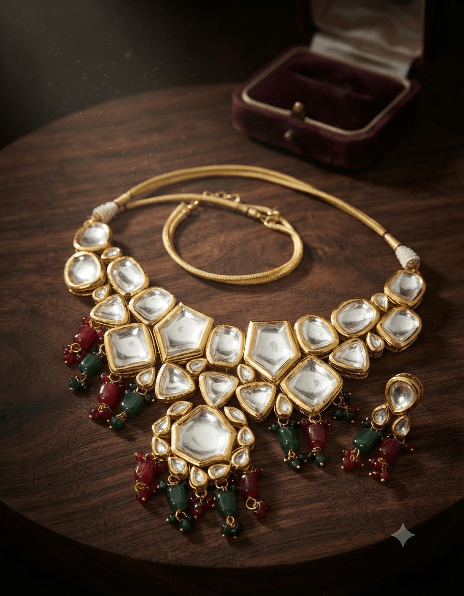 Bridal & Semi-Bridal Kundan Gold Plated Necklace Set With Earrings & Maang Tikka - Nishkarsh the royal radiance