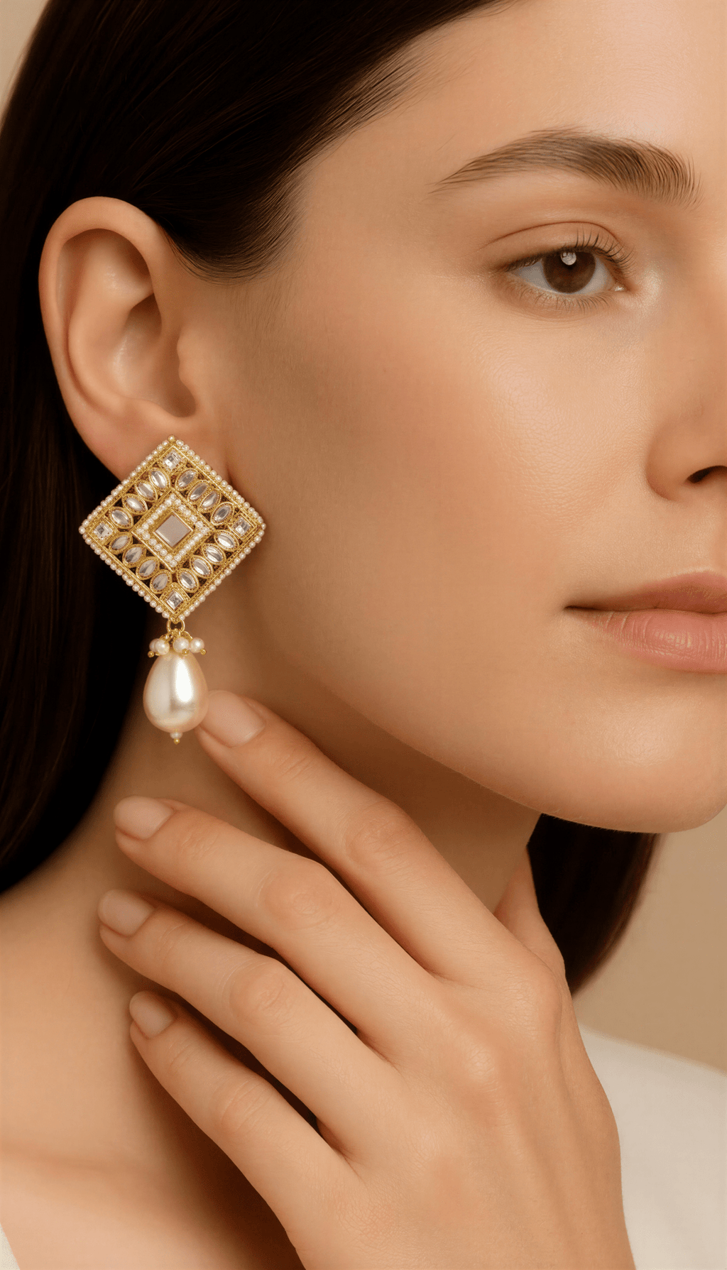 Gold Plated kundan and pearl drop stud earrings - Nishkarsh the royal radiance