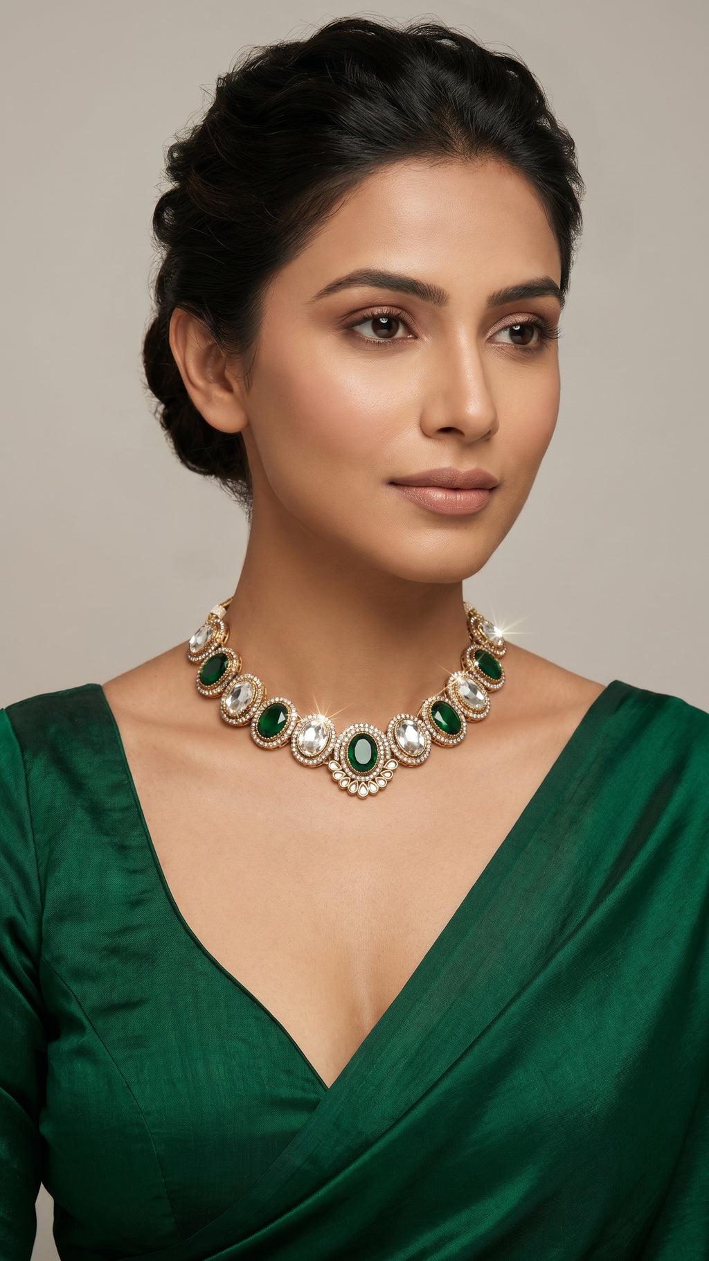 Kundan  Polki and AD Stones Necklace with Green Stone Pendant