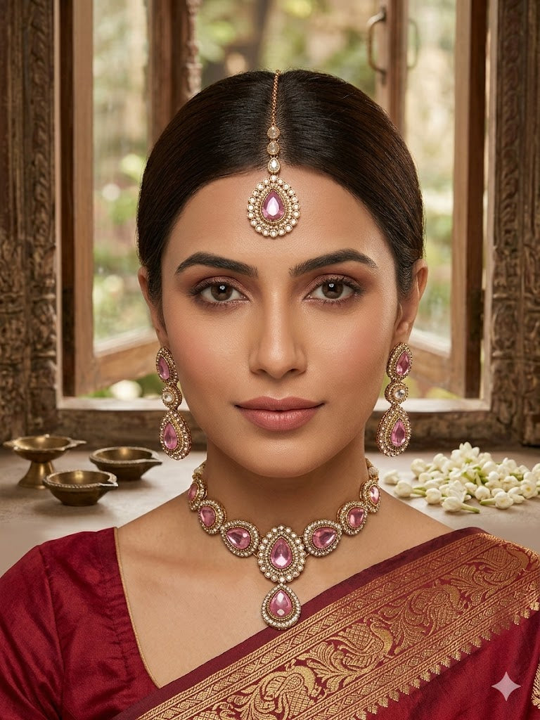 Kundan  Polki and AD Stones Necklace with Pink Stone Pendant