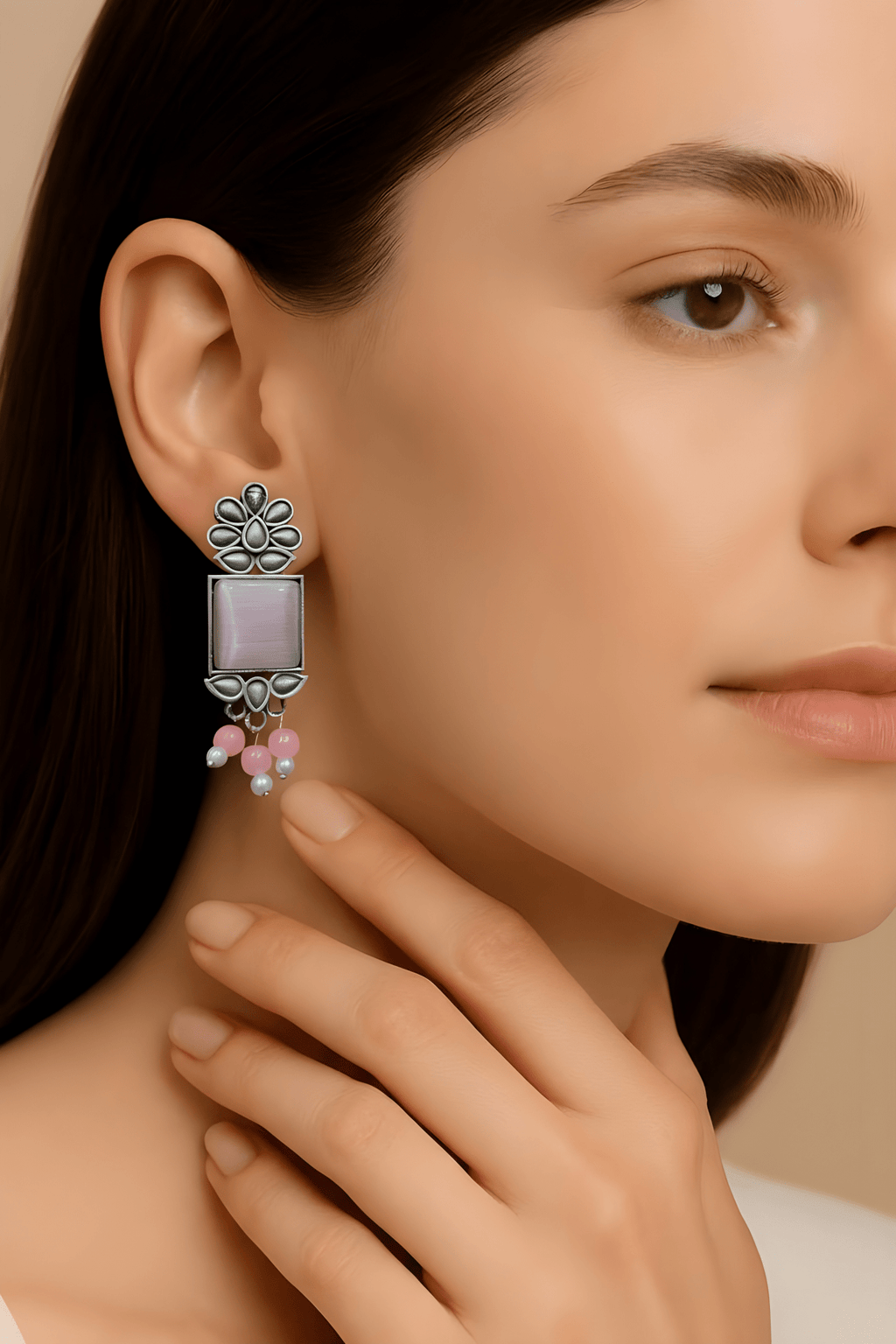 Monalisa Stone Oxidised Silver Replica Pink Studs - Nishkarsh the royal radiance