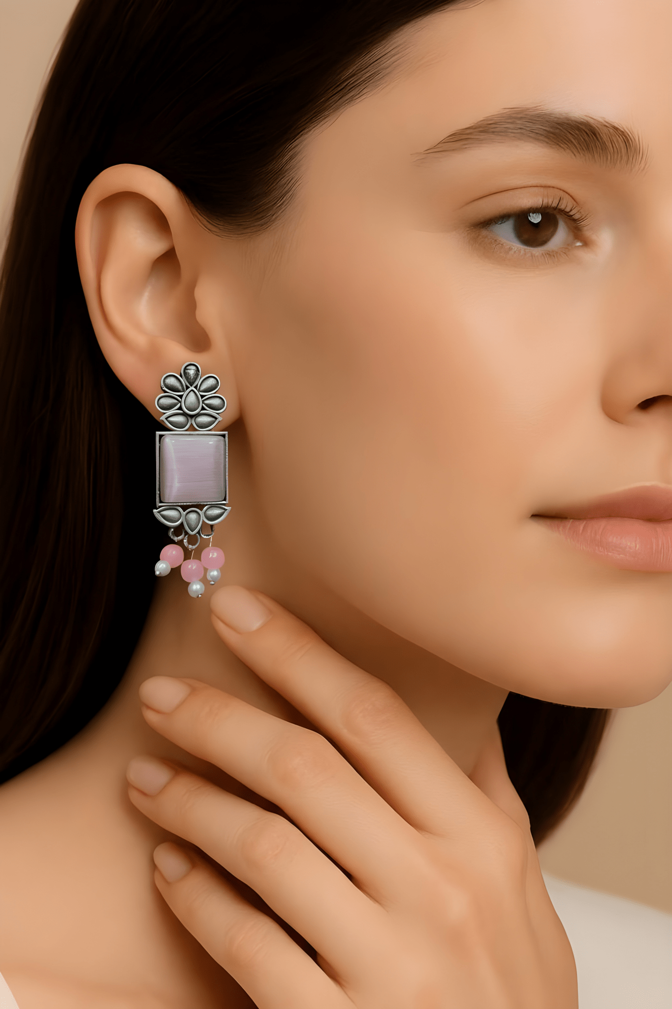 Monalisa Stone Oxidised Silver Replica Pink Studs - Nishkarsh the royal radiance