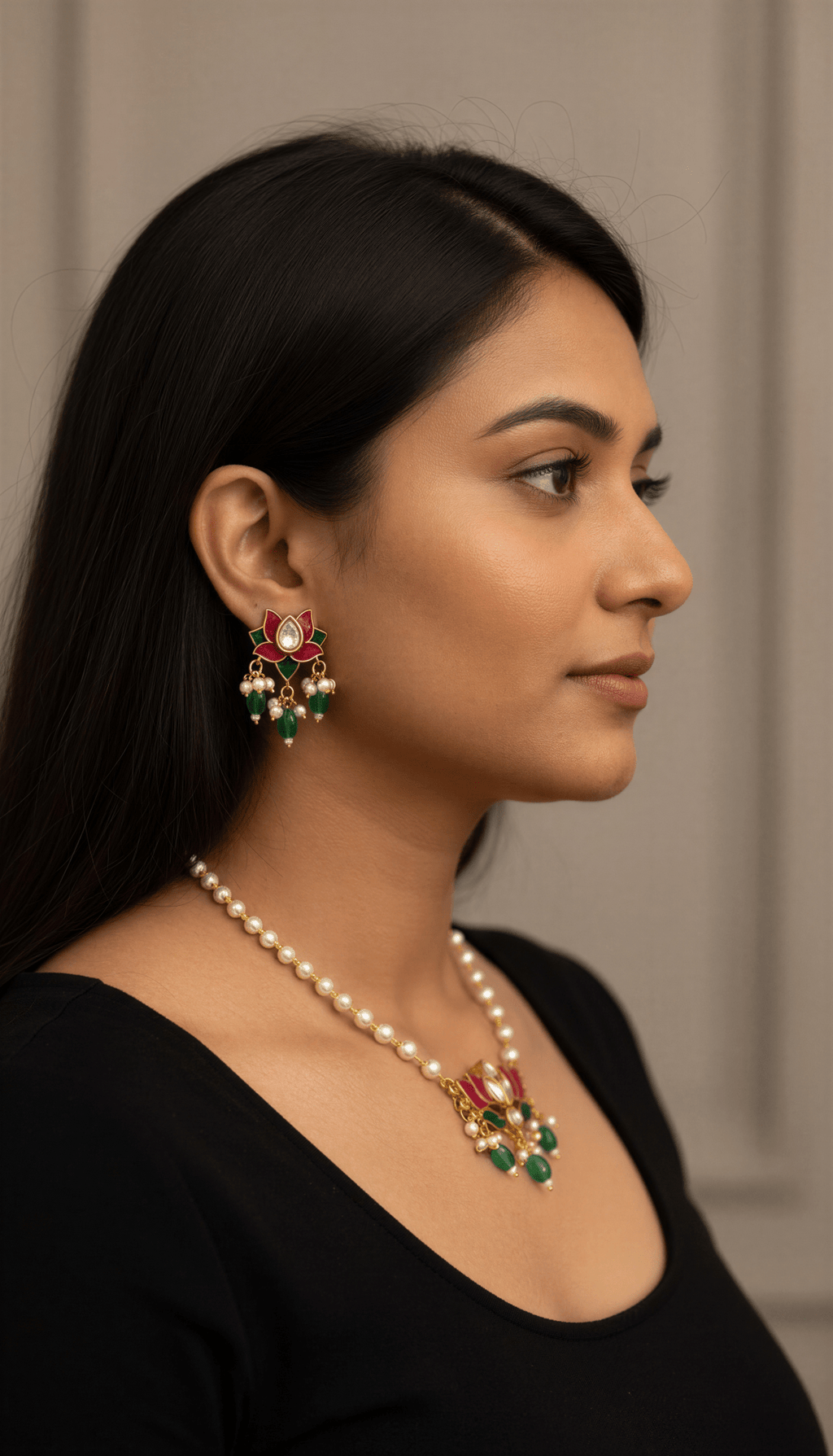 Traditional Lotus Flower Design Collar Bone Choker Necklace Set, Enameled AD Studded Floral Pendant With Adjustable Pearl Chain for Women & Girls - Nishkarsh the royal radiance