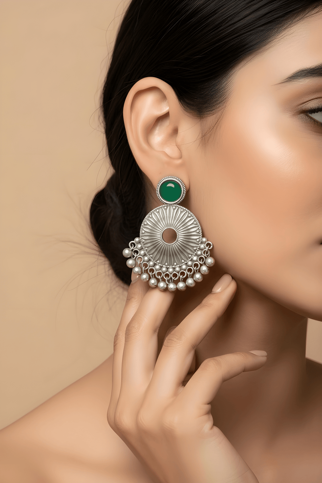 Monalisa Stone Oxidised Silver Replica Green Colour Studs - Nishkarsh the royal radiance