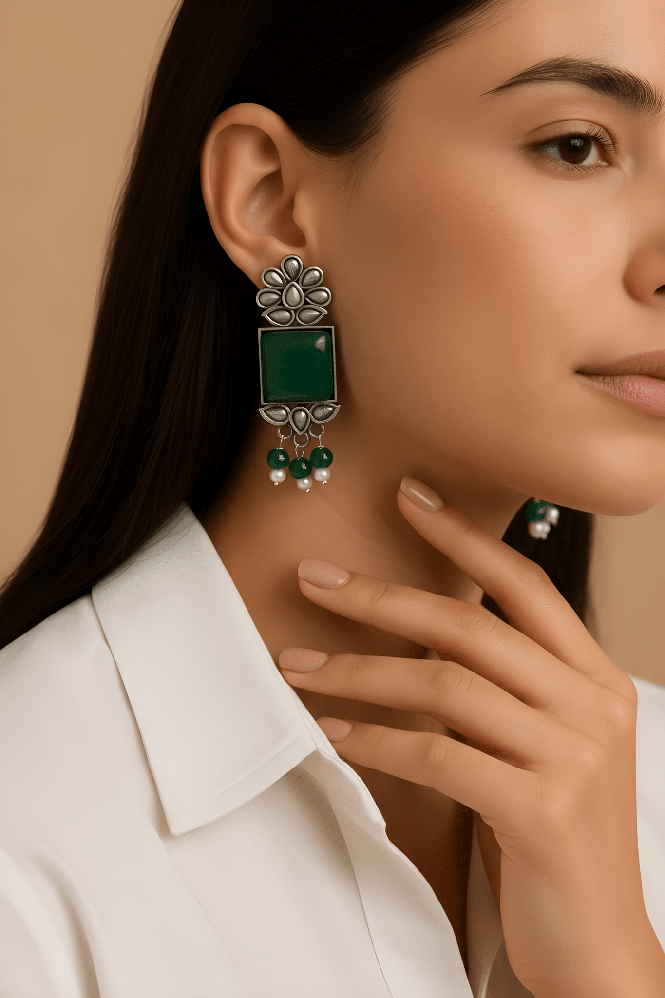 Monalisa Stone Oxidised Silver Replica Green Studs - Nishkarsh the royal radiance