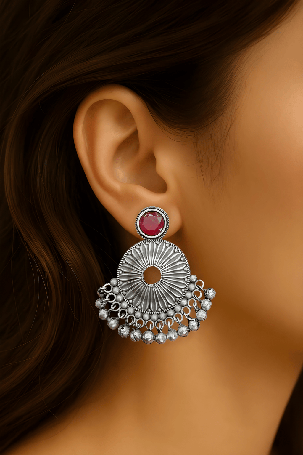 Monalisa Stone Oxidised Silver Replica Red Colour Studs - Nishkarsh the royal radiance
