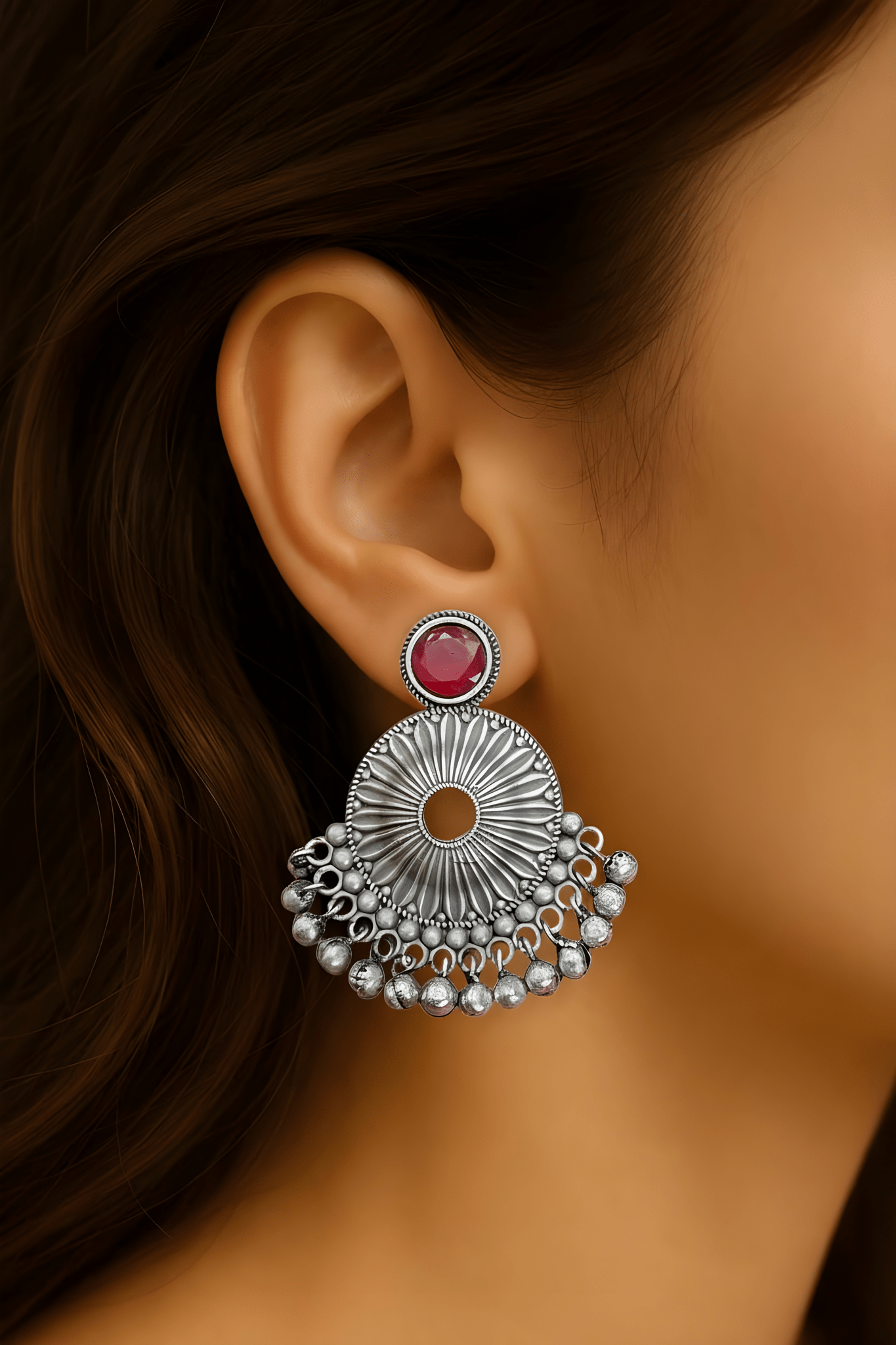 Monalisa Stone Oxidised Silver Replica Red Colour Studs - Nishkarsh the royal radiance