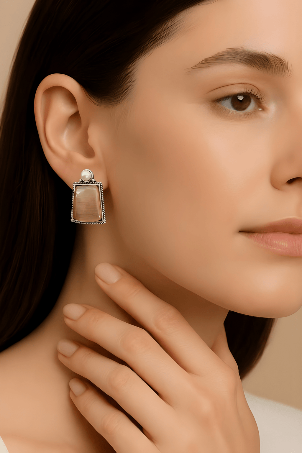 Monalisa Stone Oxidised Silver Replica Beige Colour Studs - Nishkarsh the royal radiance