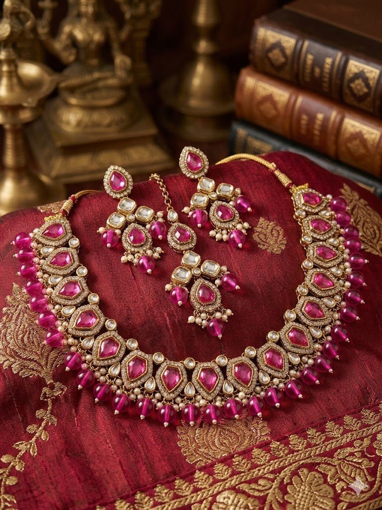 Kundan Pink Jewellery set - Nishkarsh the royal radiance