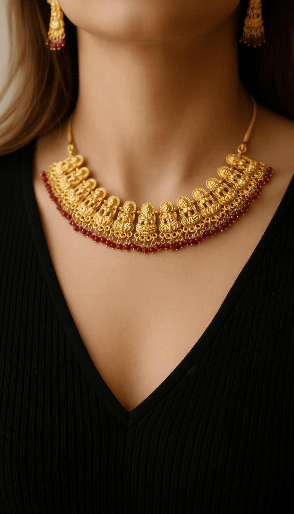 Lakshmi Devi Idol With Pearls Necklace & Studs - Nishkarsh the royal radiance