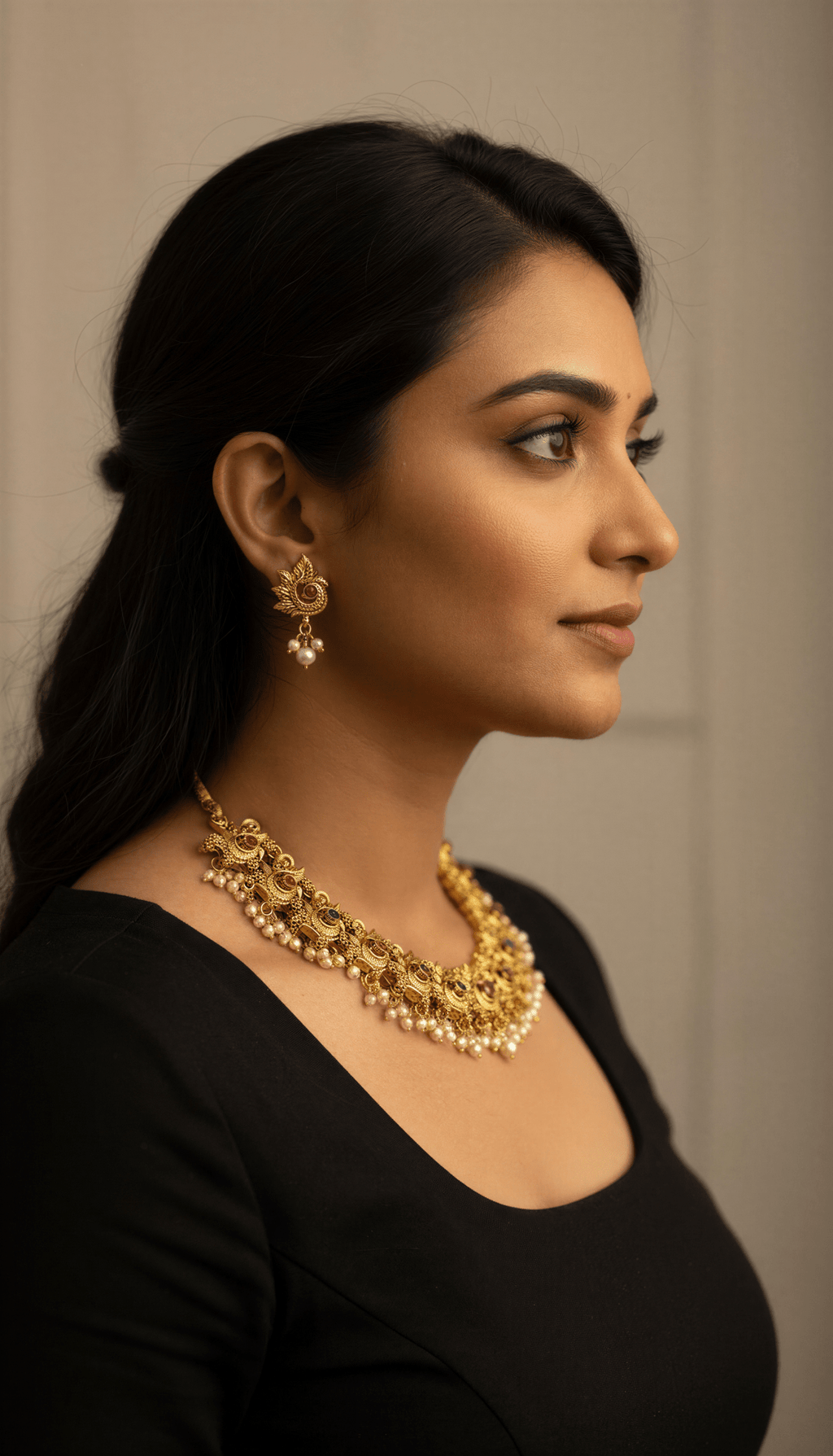 Matte Finish Peacock Shape Guttapasulu Style Necklace with Stud Earrings - Nishkarsh the royal radiance