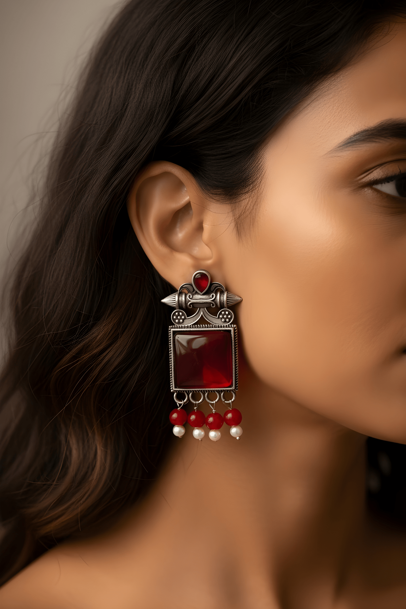 Monalisa Stone Oxidised Silver Replica Red Colour Studs - Nishkarsh the royal radiance
