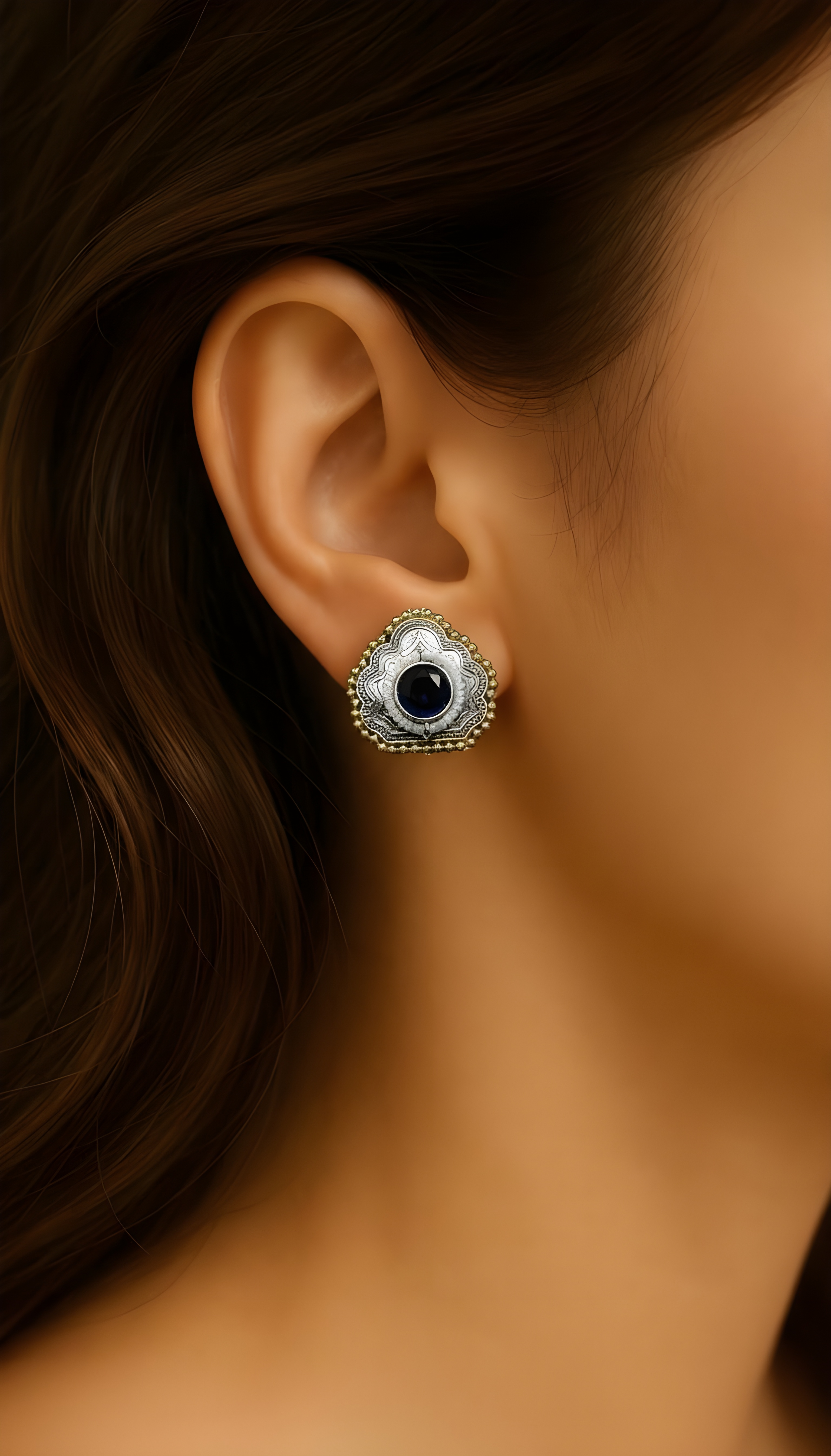 Monalisa Stone Oxidised Silver Replica Dark Blue Studs