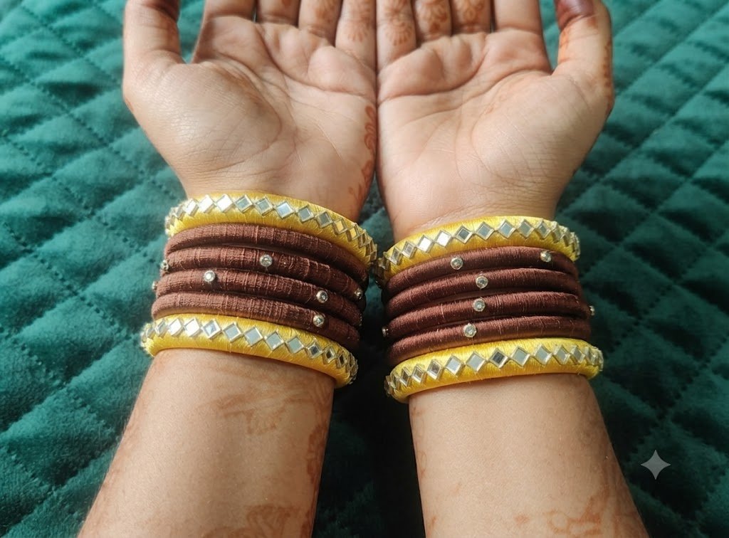 Silk Thread Bangles, Brown and Yellow Combination with kundan stones - Nishkarsh the royal radiance