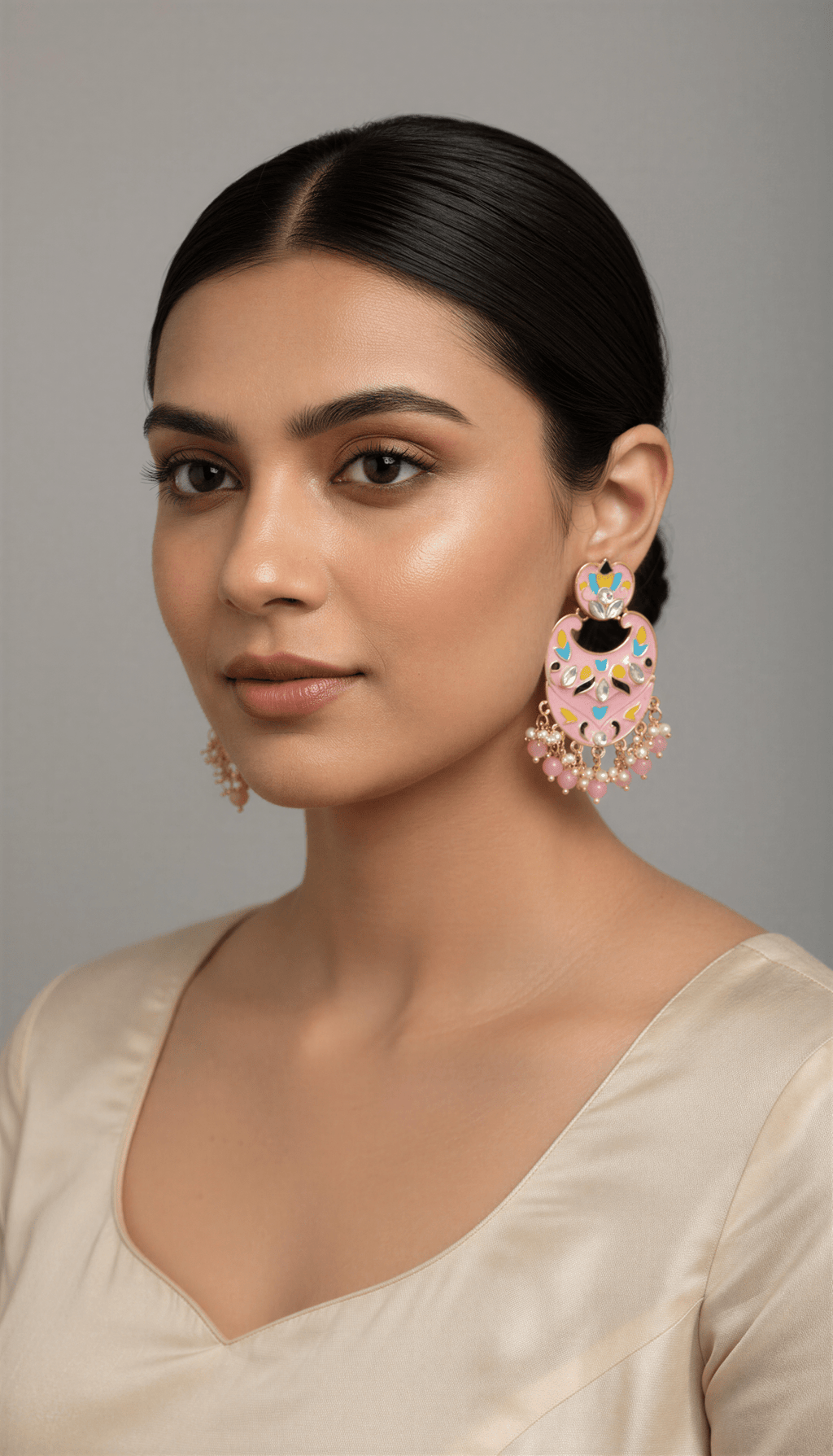 Light Pink Meenakari & Beads Kundan Dangler Earrings - Nishkarsh the royal radiance