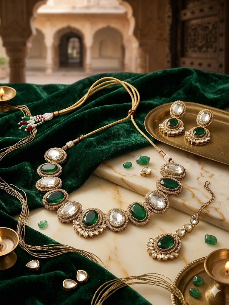 Kundan  Polki and AD Stones Necklace with Green Stone Pendant