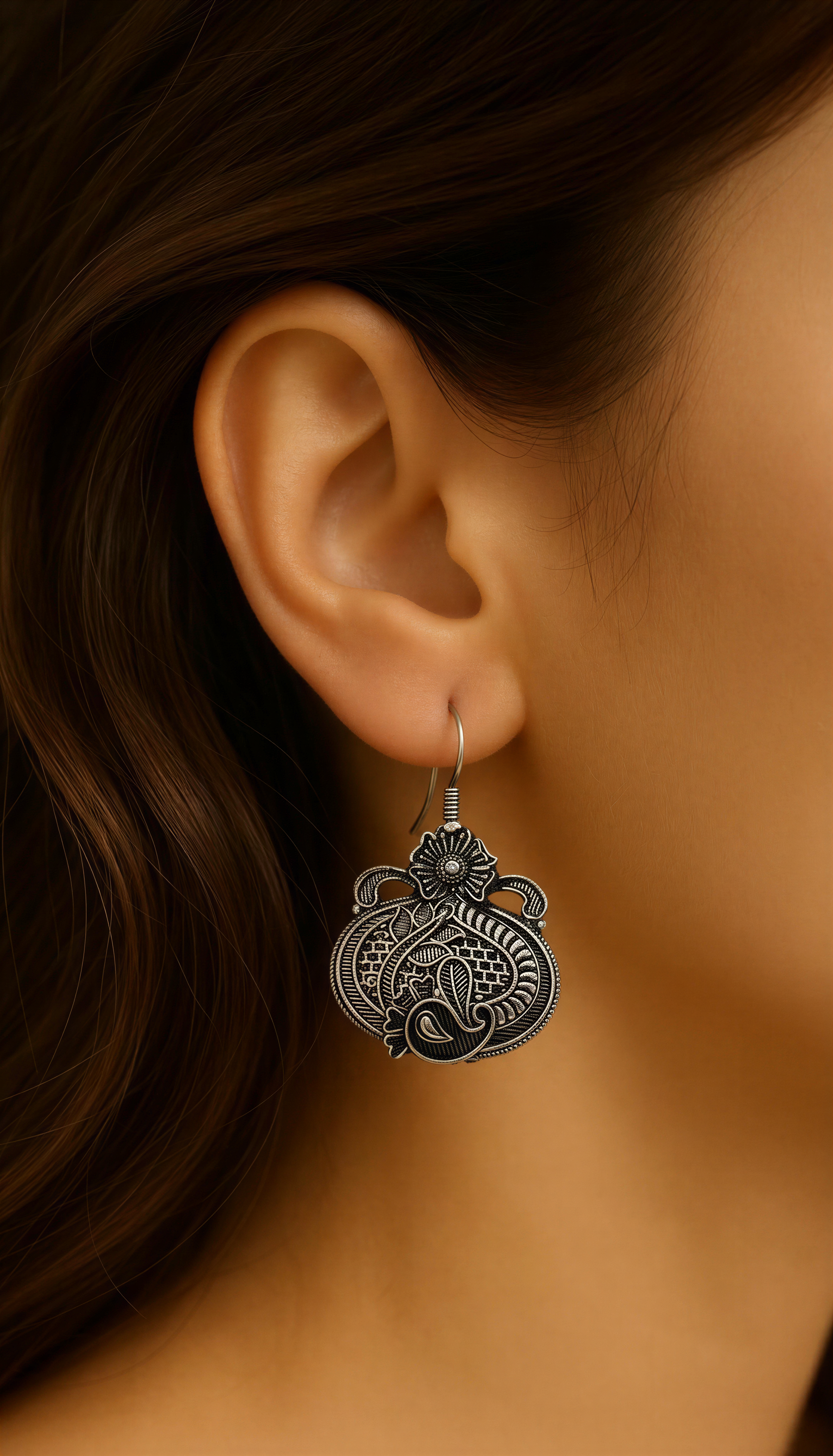 Oxidised Silver Floral And Paisley Detail Drop Earrings for Women