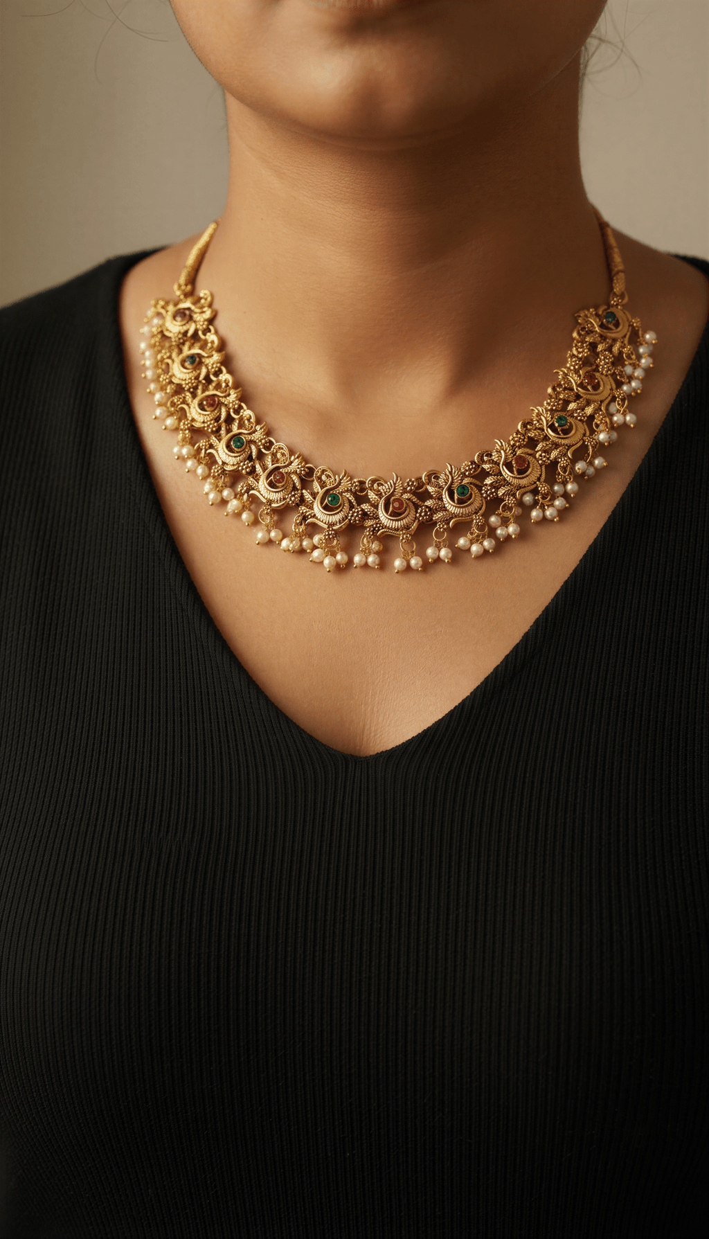 Matte Finish Peacock Shape Guttapasulu Style Necklace with Stud Earrings - Nishkarsh the royal radiance
