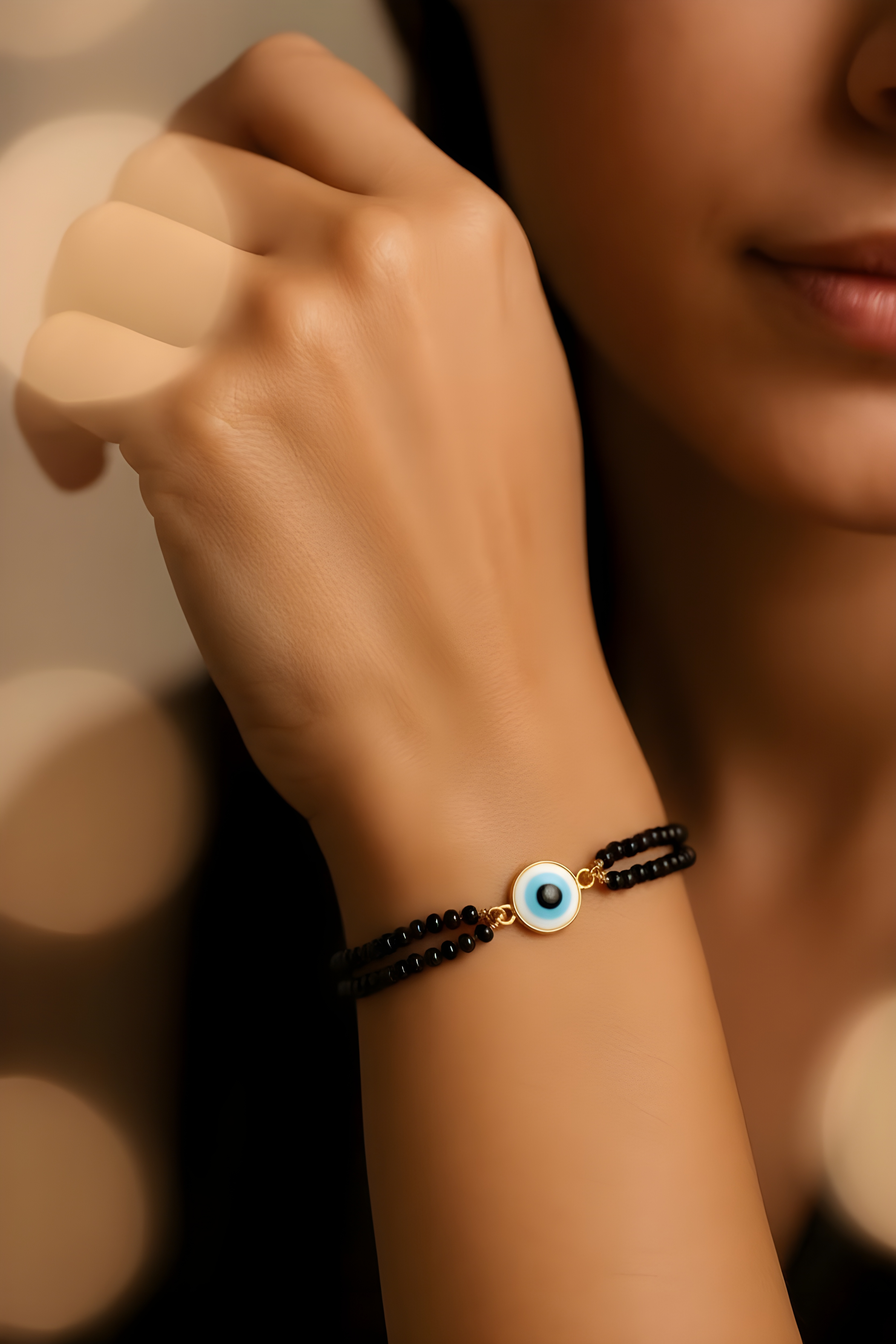 Evil eye dual chain mangalsutra bracelet with black beads for women