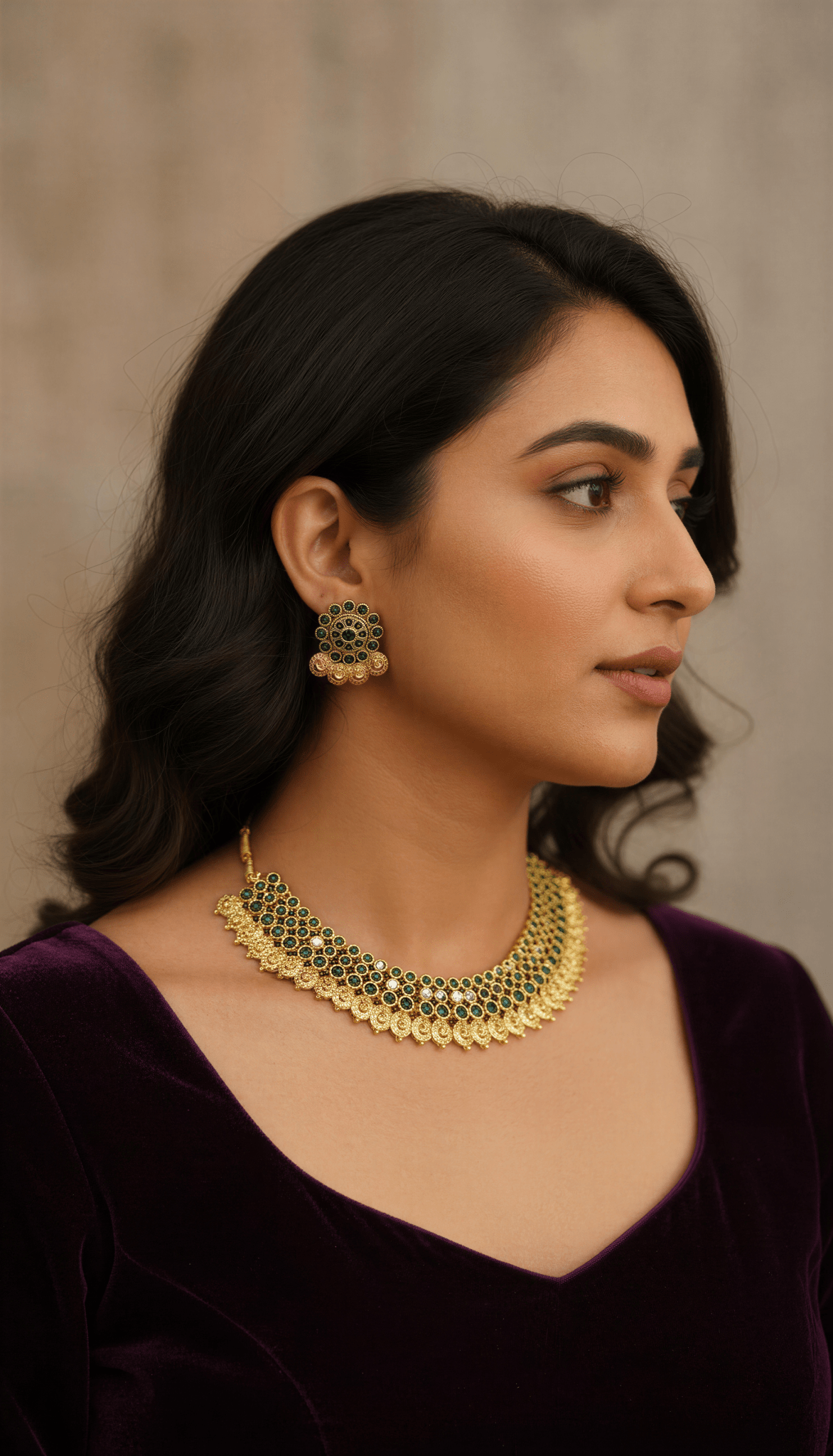 Handmade kemp ruby emerald stone lakshmi kasumalai nagas necklace set with studs - Nishkarsh the royal radiance