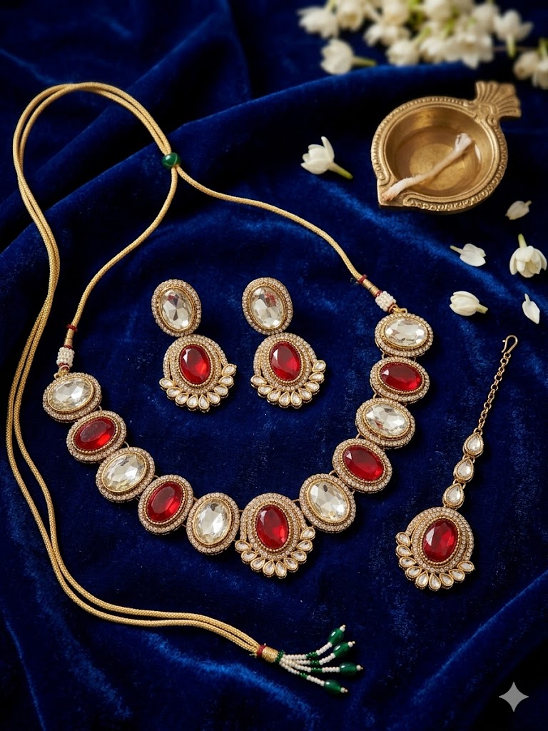 Kundan  Polki and AD Stones Necklace with Red Stone Pendant
